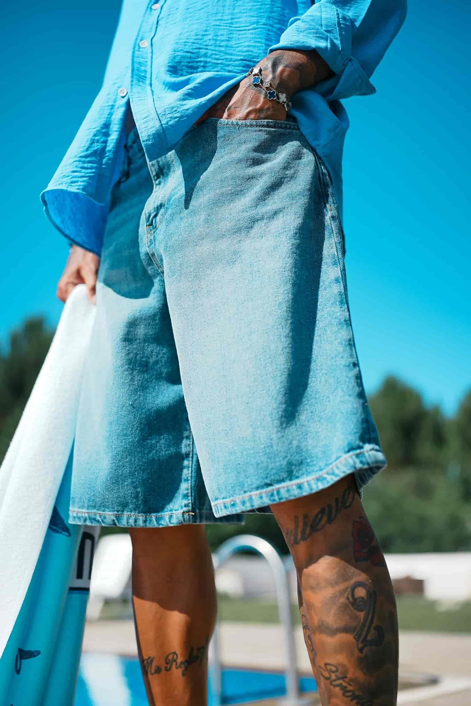 Erkek Süper Baggy Fit Bermuda Jean Şort Mavi