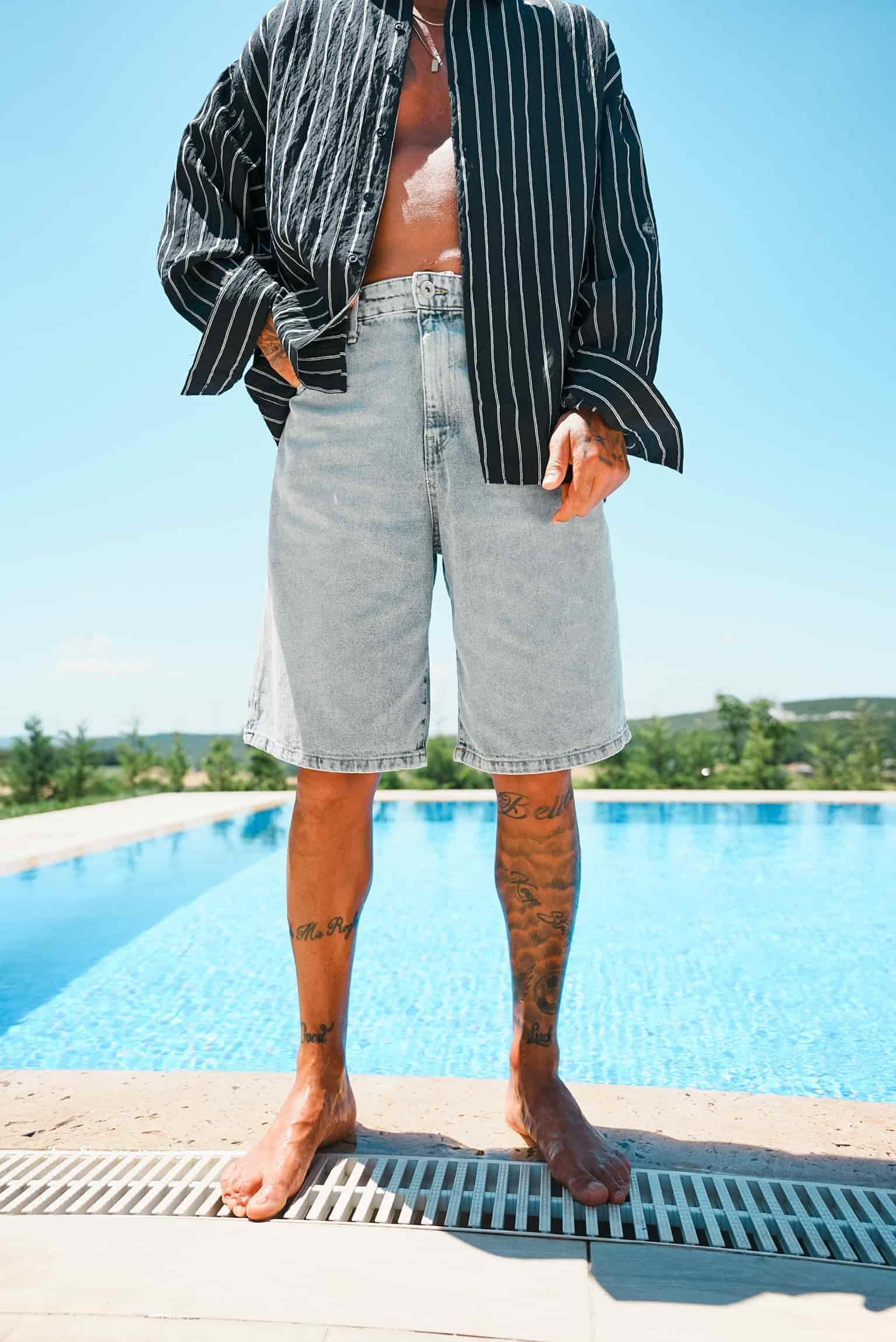 Erkek Süper Baggy Fit Bermuda Jean Şort Açık Mavi