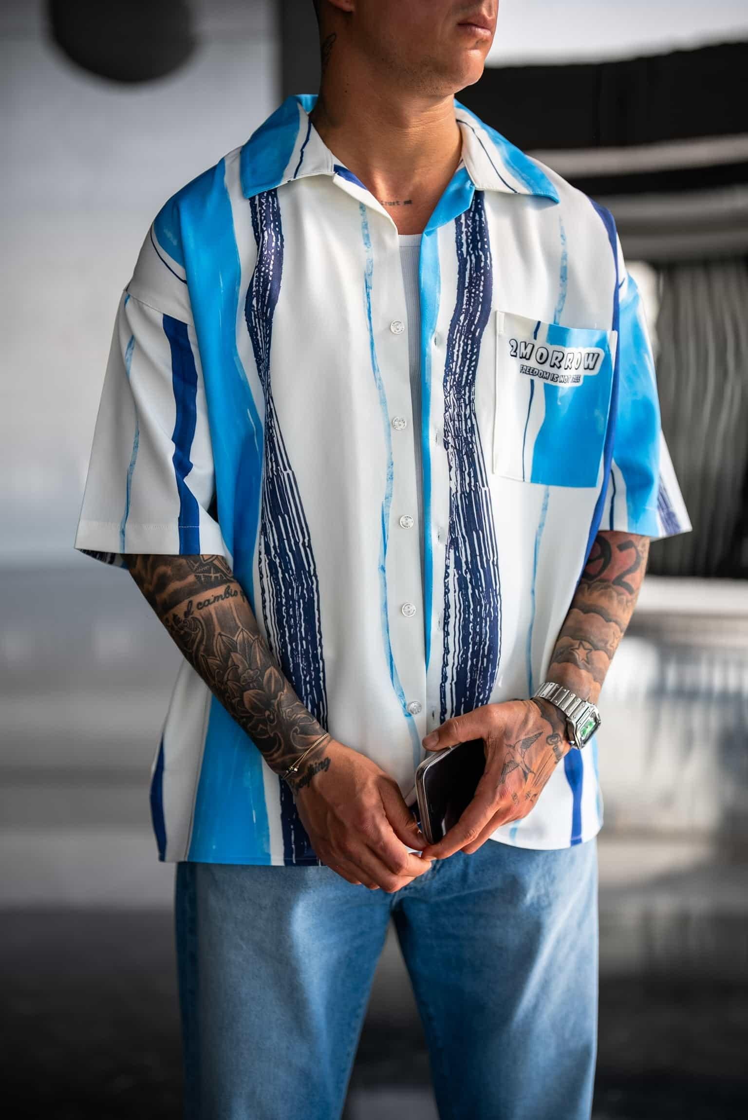 Erkek Süper Oversize Desenli Kısa Kollu Gömlek Mavi