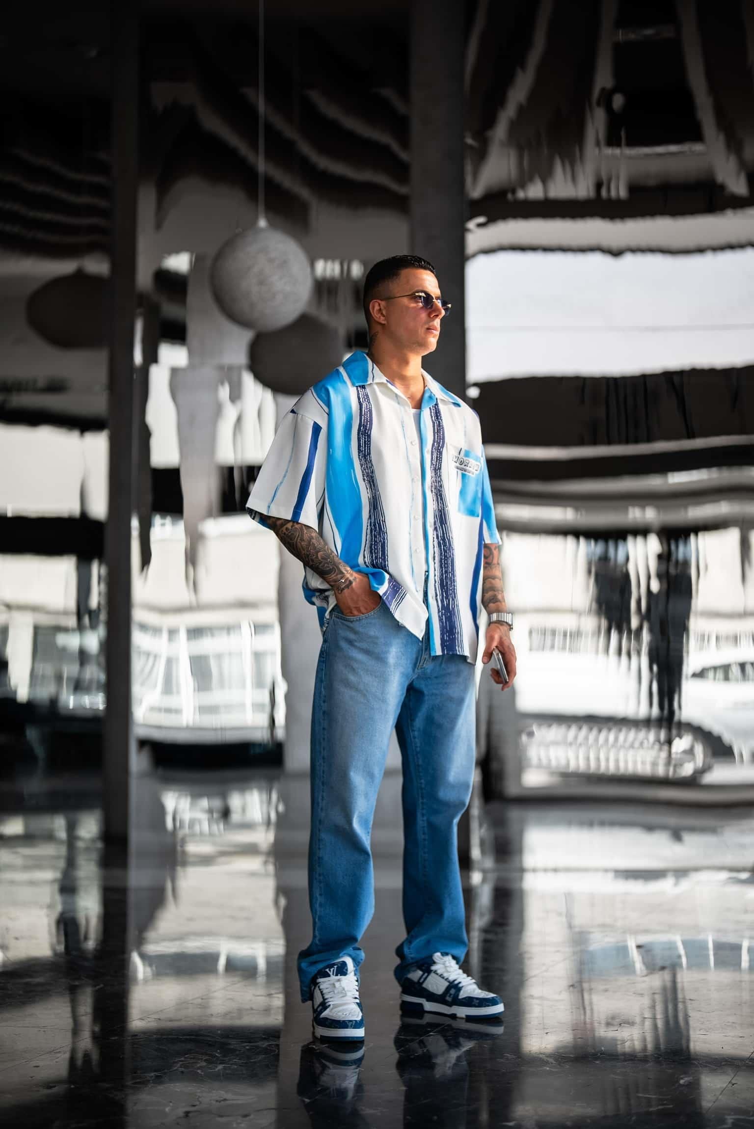 Erkek Süper Oversize Desenli Kısa Kollu Gömlek Mavi