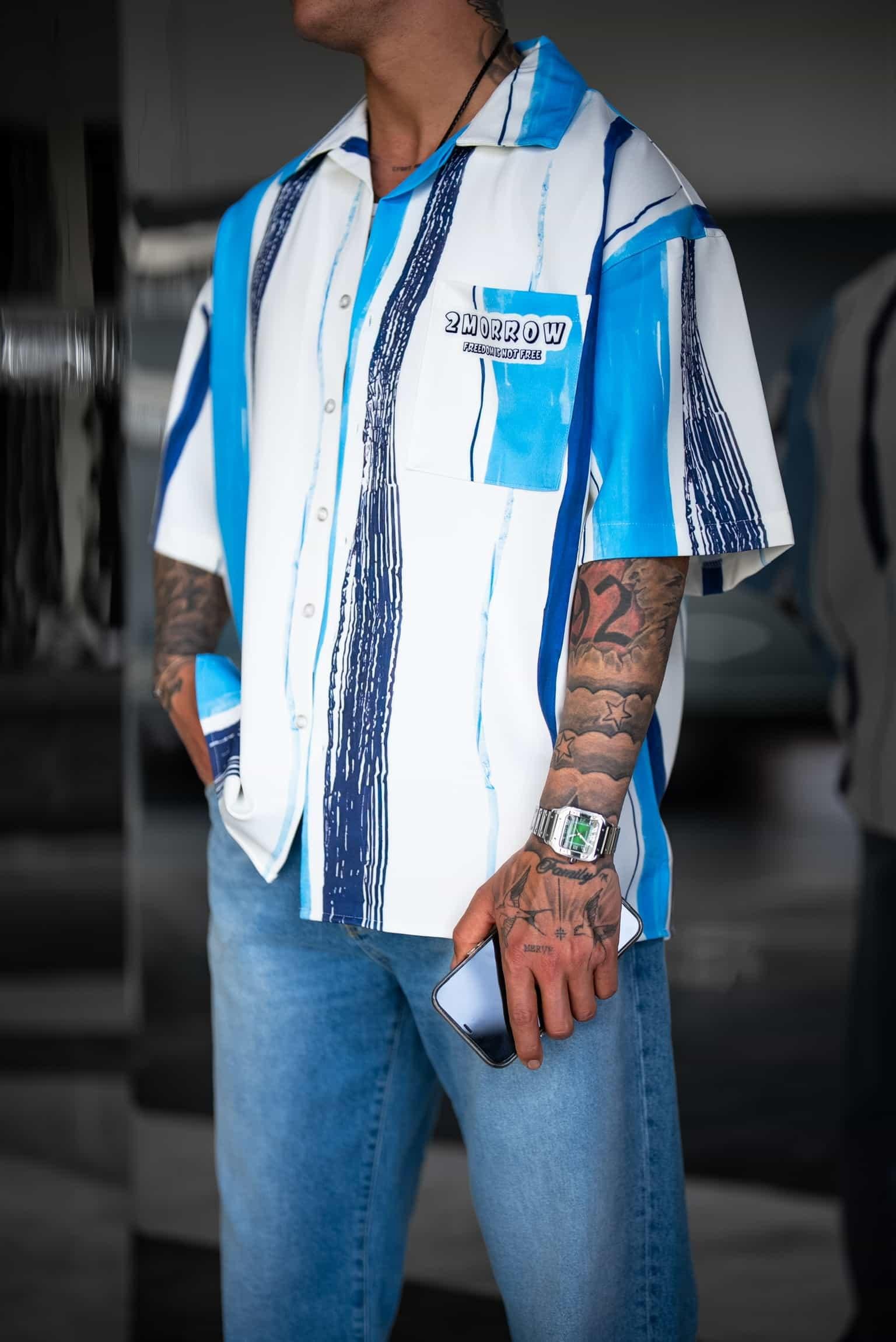 Erkek Süper Oversize Desenli Kısa Kollu Gömlek Mavi