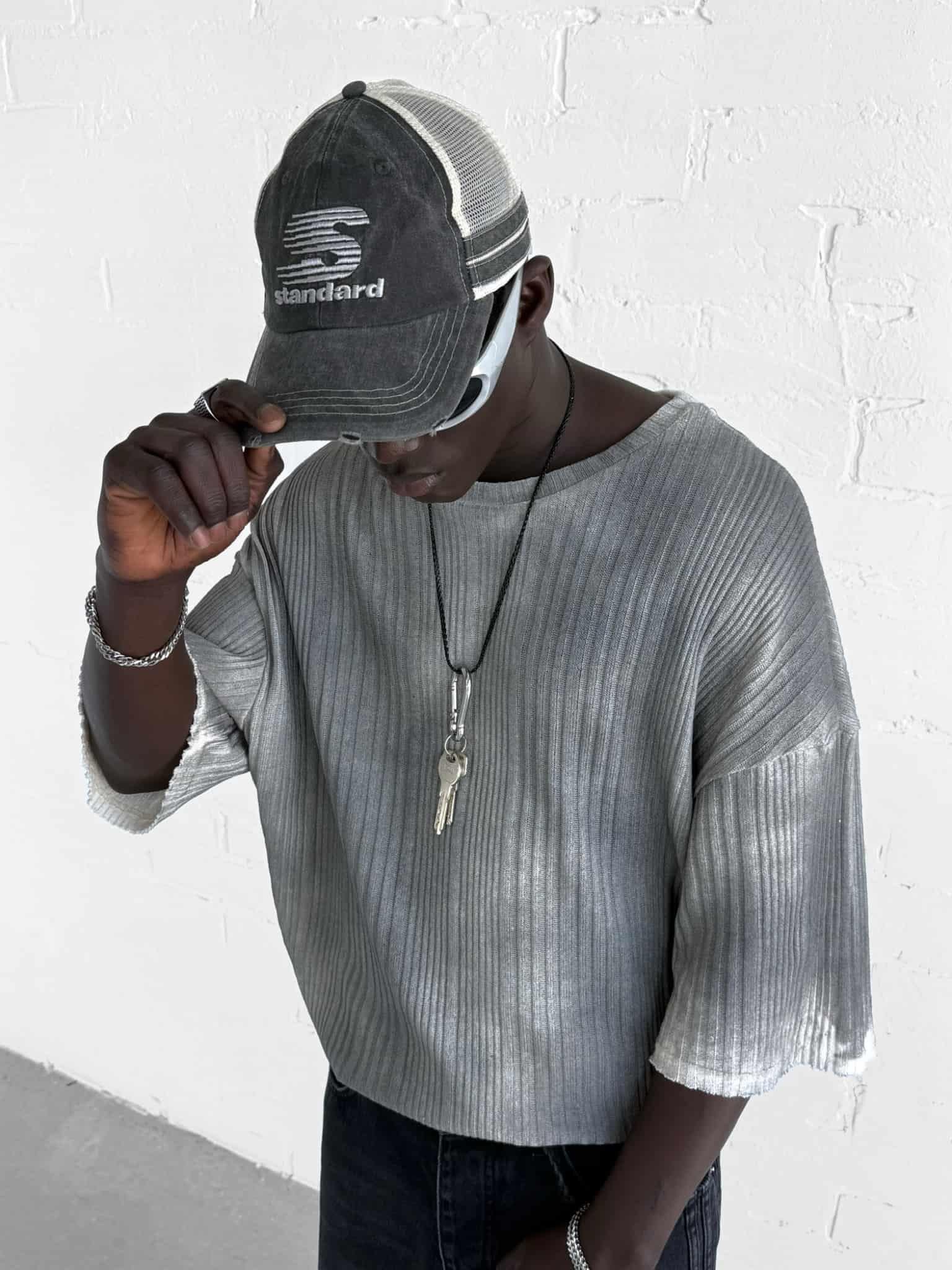 Erkek Super Oversize Desenli Triko T-Shirt Siyah