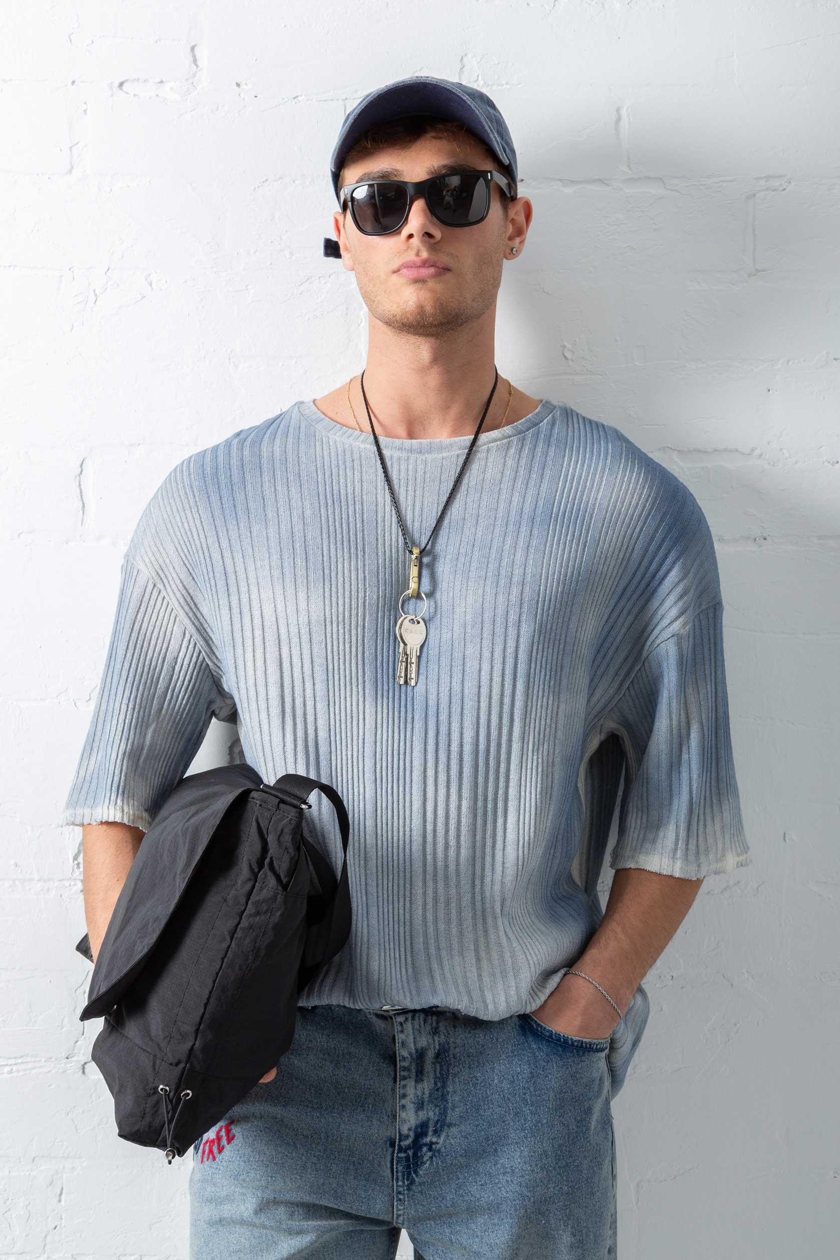 Erkek Super Oversize Desenli Triko T-Shirt Mavi