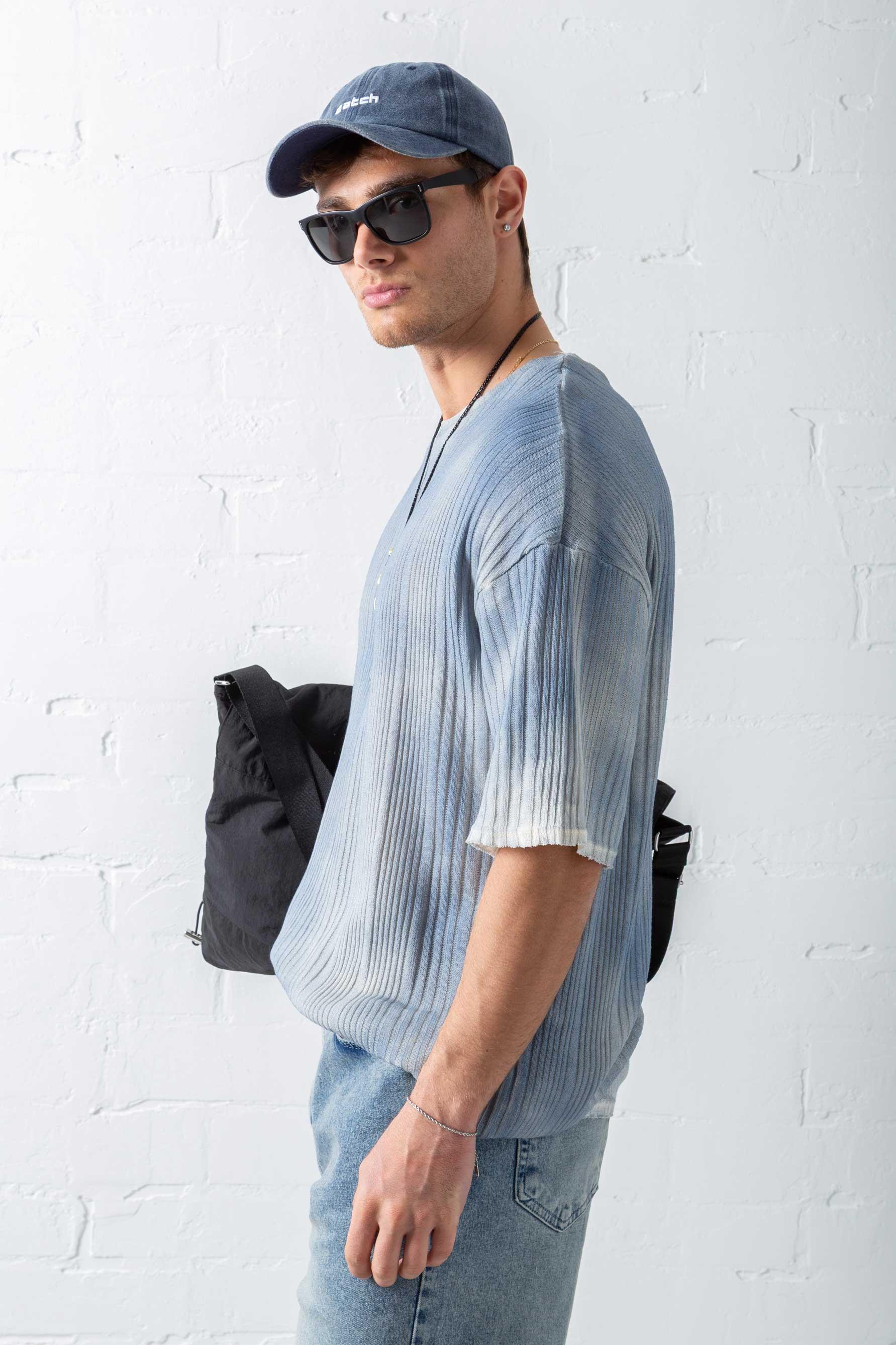 Erkek Super Oversize Desenli Triko T-Shirt Mavi