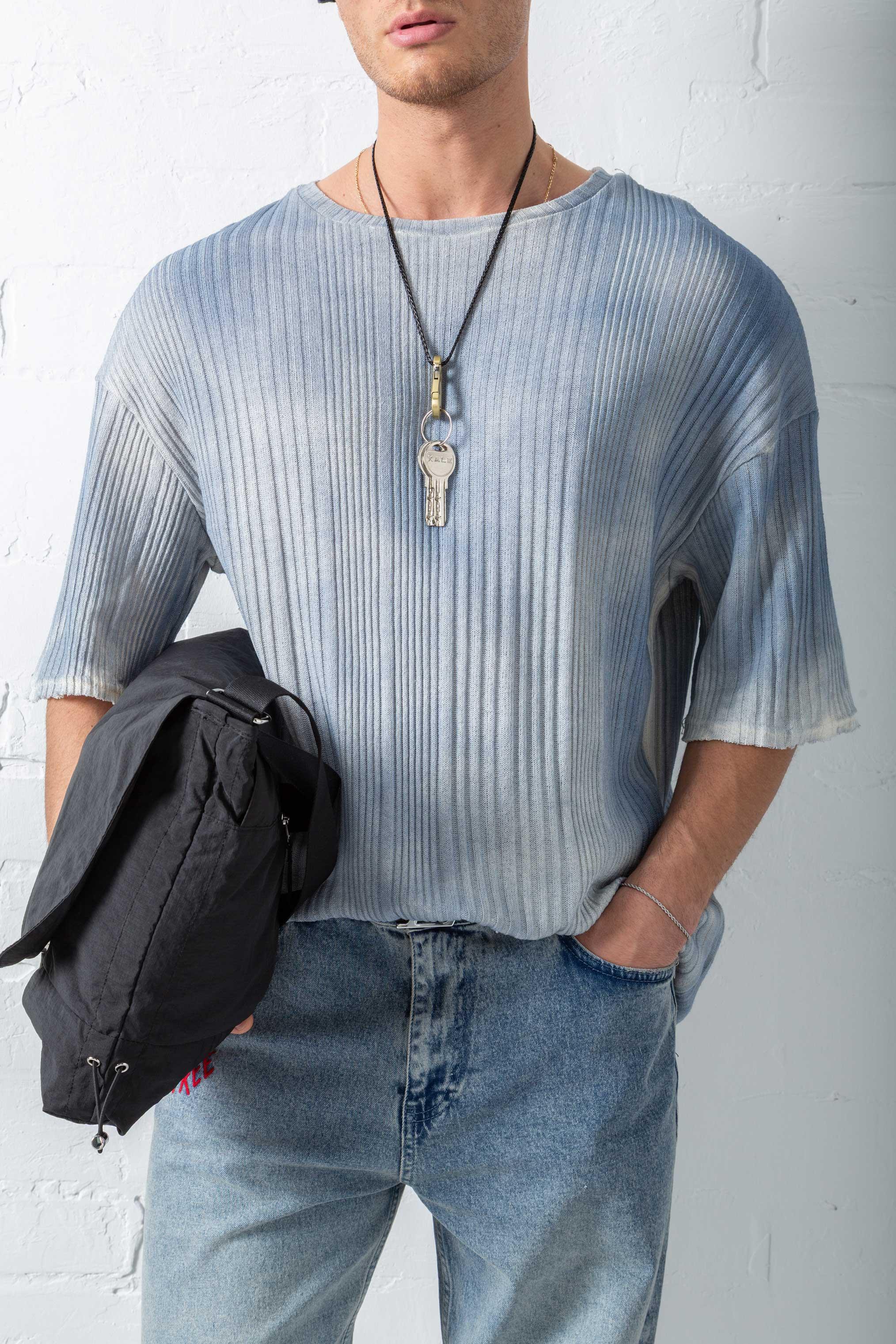 Erkek Super Oversize Desenli Triko T-Shirt Mavi