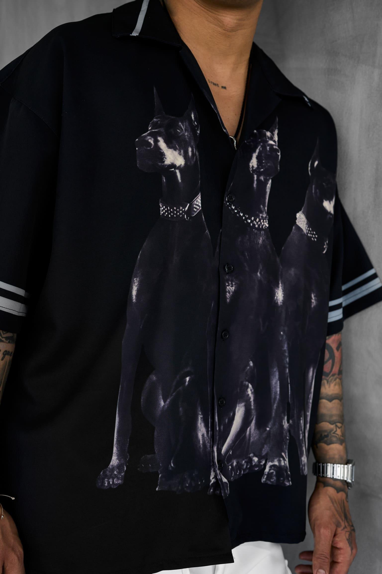Erkek Süper Oversize Doberman Desenli Kısa Kollu Gömlek Siyah