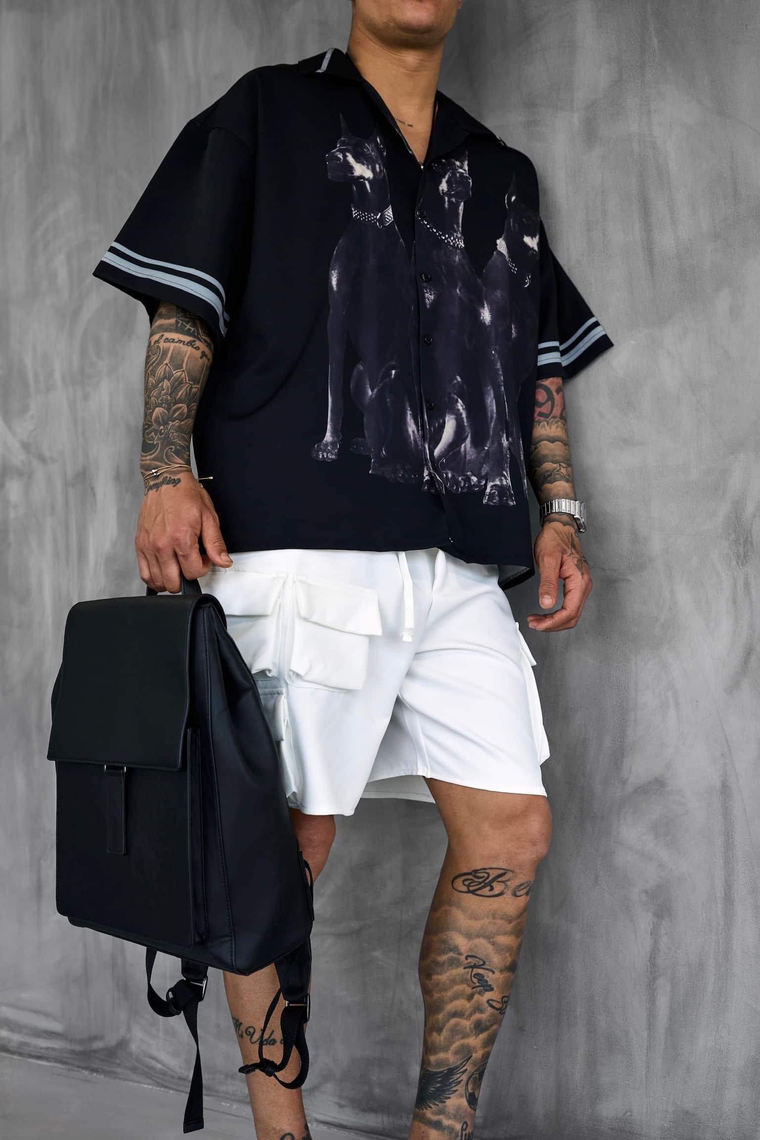 Erkek Süper Oversize Doberman Desenli Kısa Kollu Gömlek Siyah