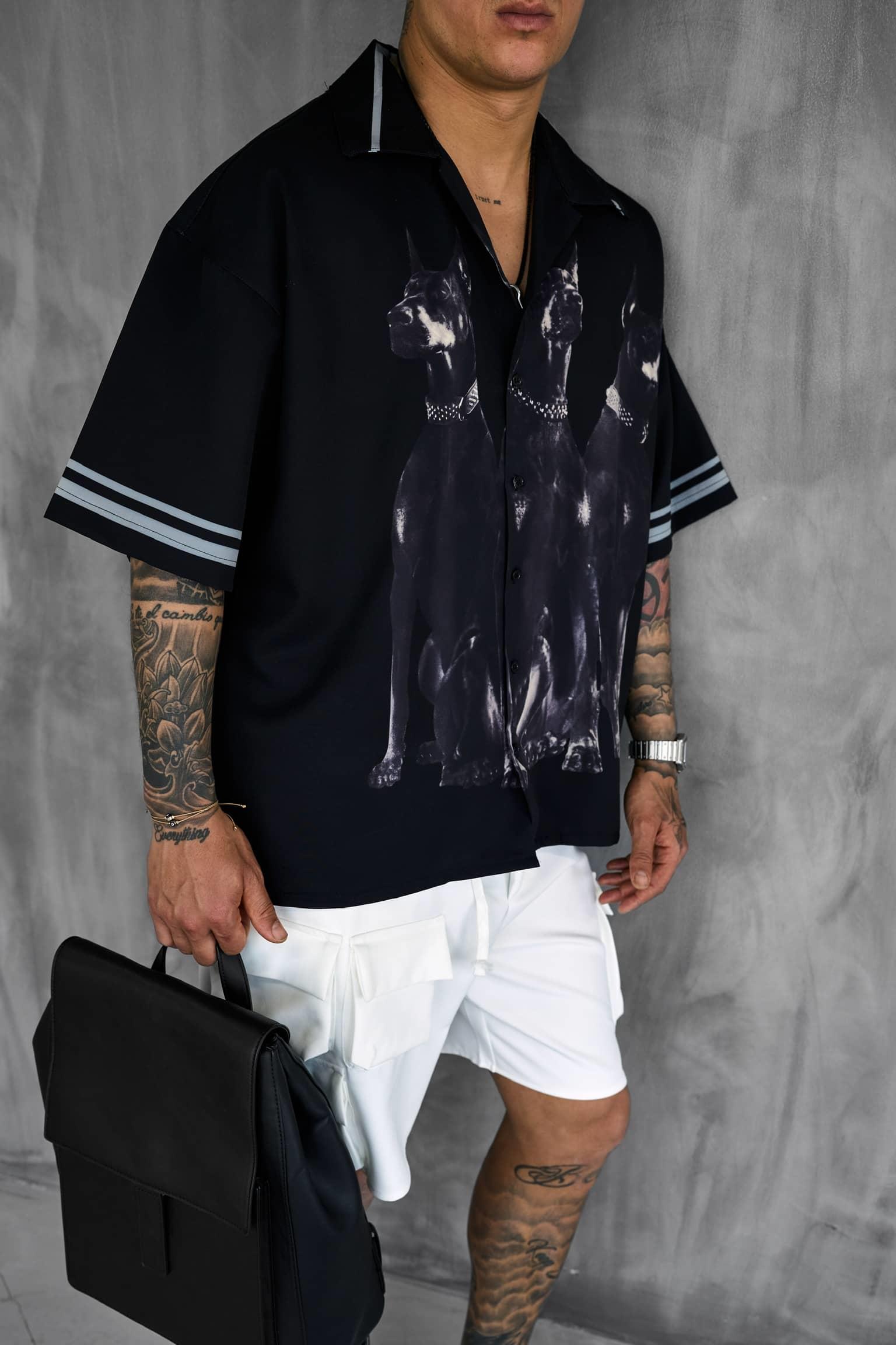 Erkek Süper Oversize Doberman Desenli Kısa Kollu Gömlek Siyah