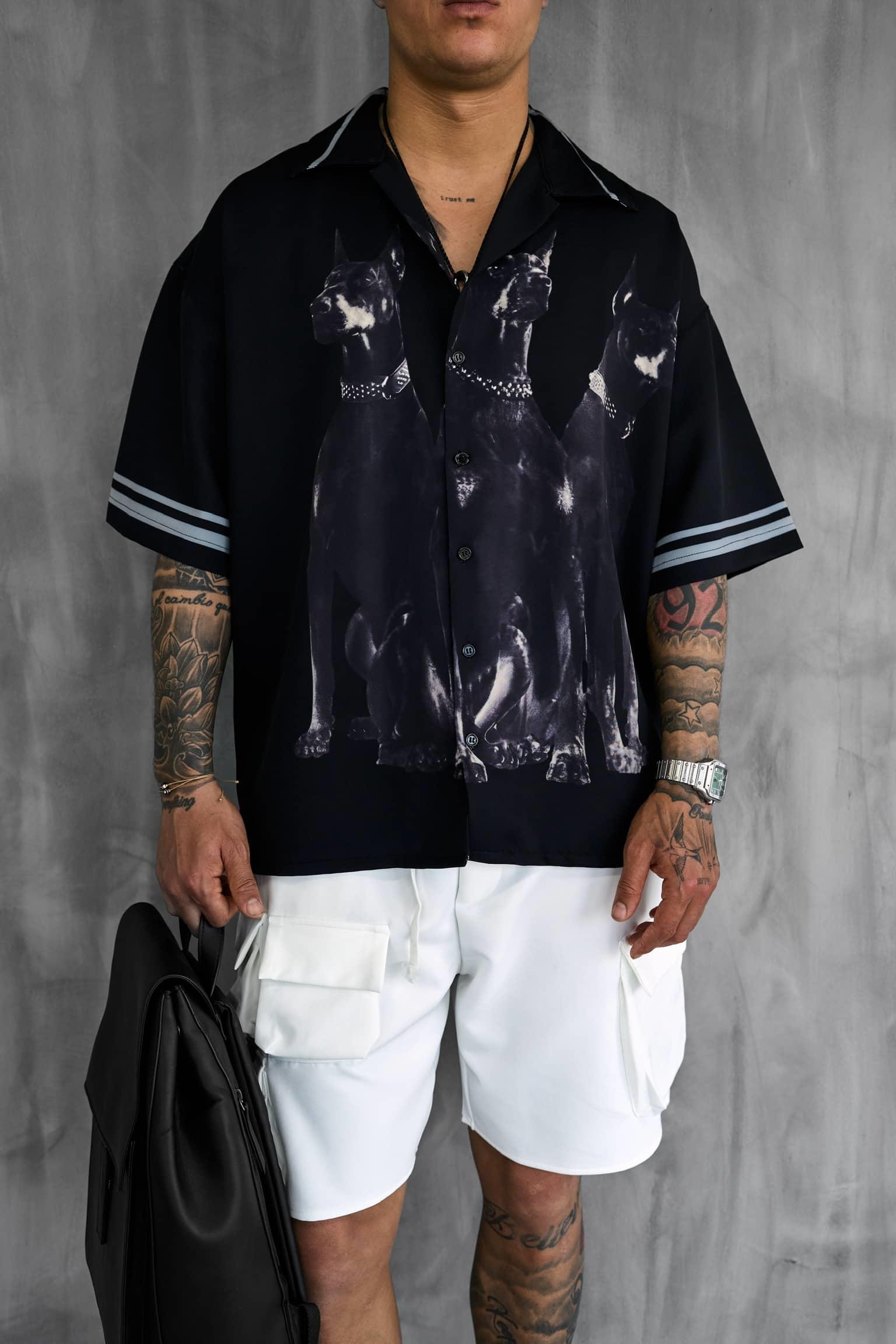 Erkek Süper Oversize Doberman Desenli Kısa Kollu Gömlek Siyah