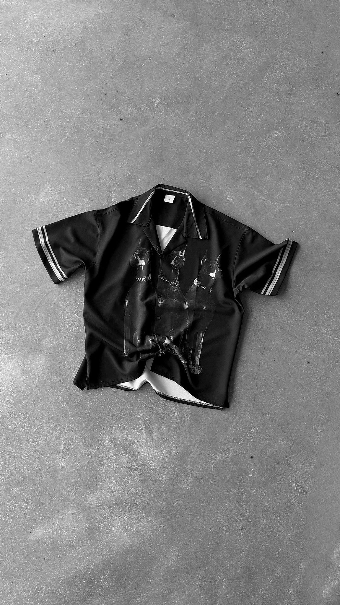 Erkek Süper Oversize Doberman Desenli Kısa Kollu Gömlek Siyah