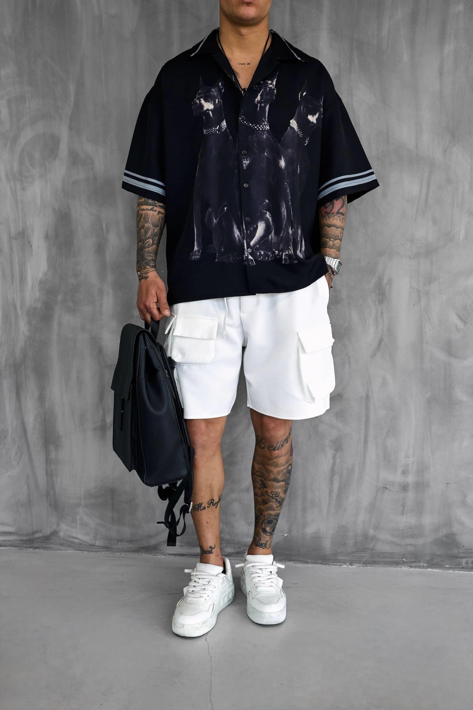 Erkek Süper Oversize Doberman Desenli Kısa Kollu Gömlek Siyah