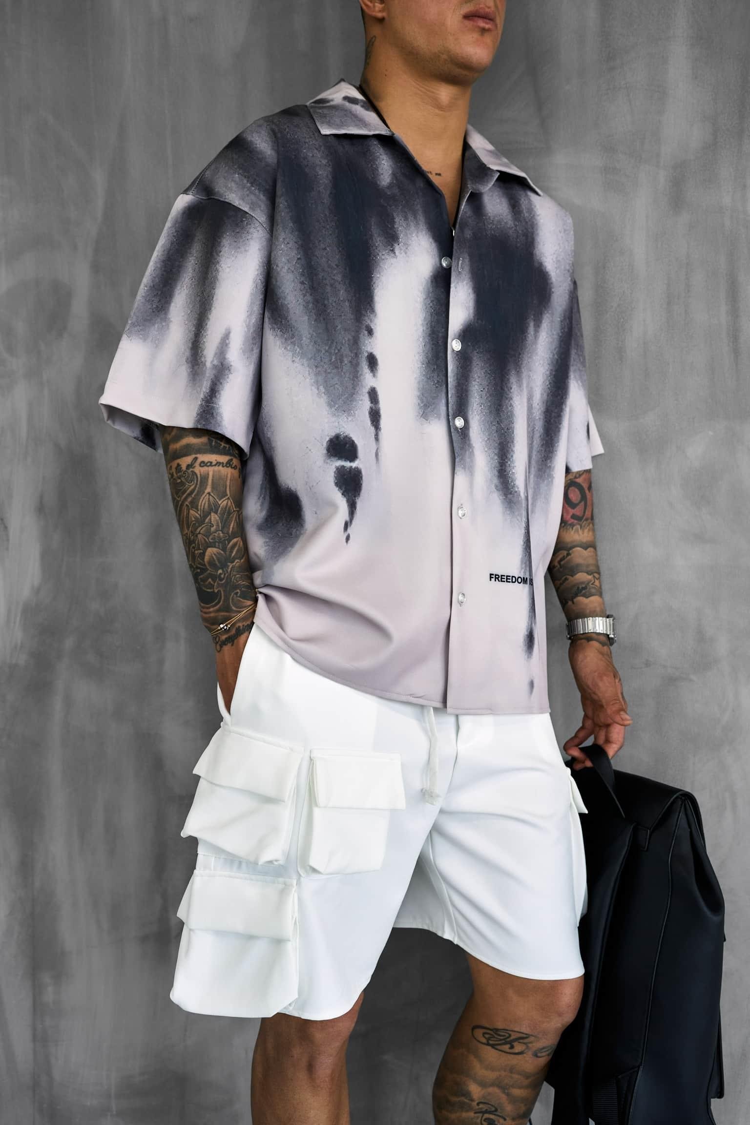 Erkek Süper Oversize Kısa Kollu Desenli Gömlek Siyah