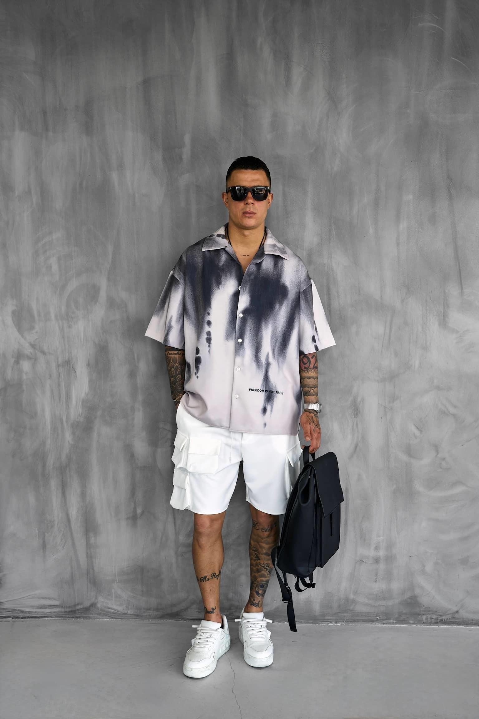 Erkek Süper Oversize Kısa Kollu Desenli Gömlek Siyah