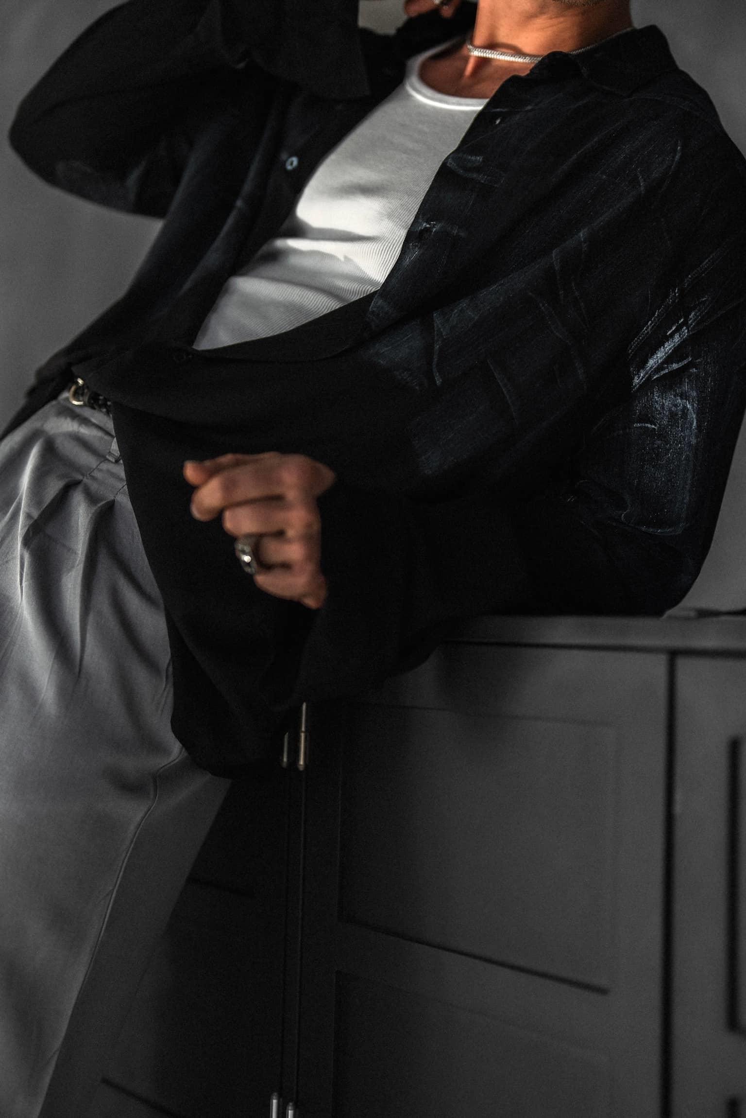 Erkek Uzun Kollu Desenli Oversize Gömlek Siyah