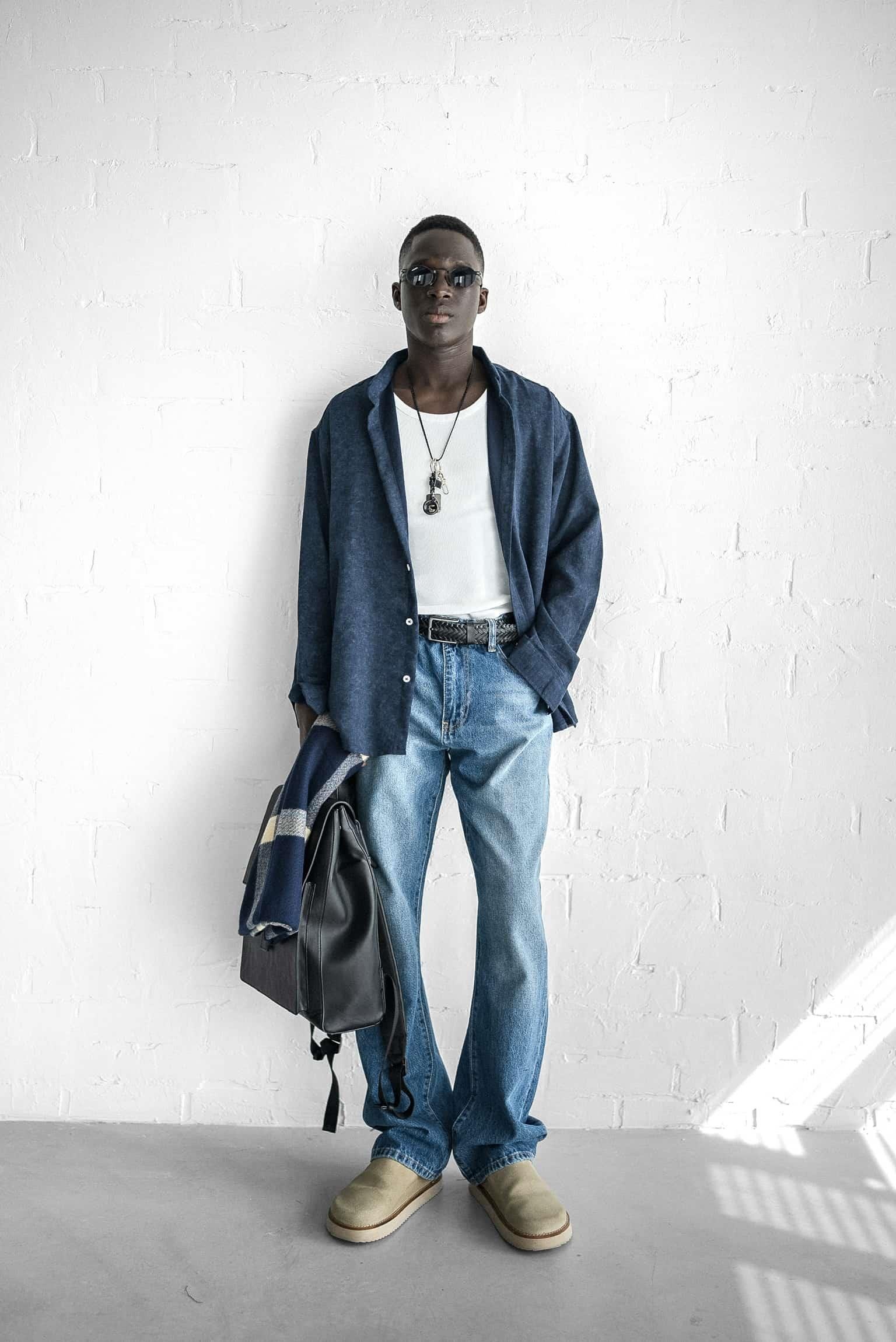 Erkek Uzun Kollu Desenli Oversize Gömlek Lacivert