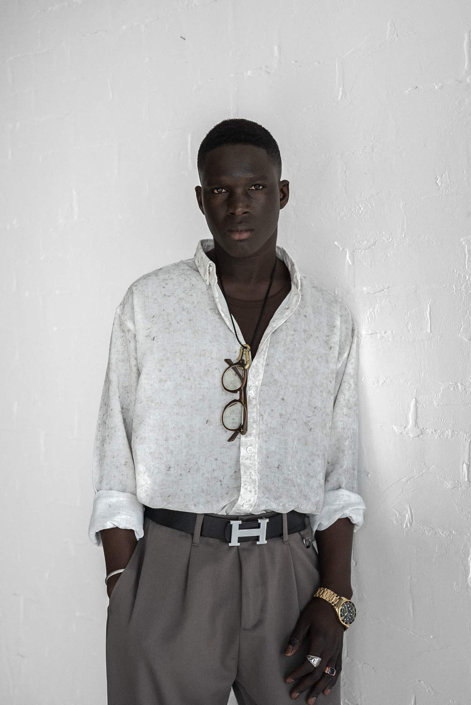 Erkek Uzun Kollu Desenli Oversize Gömlek Ekru