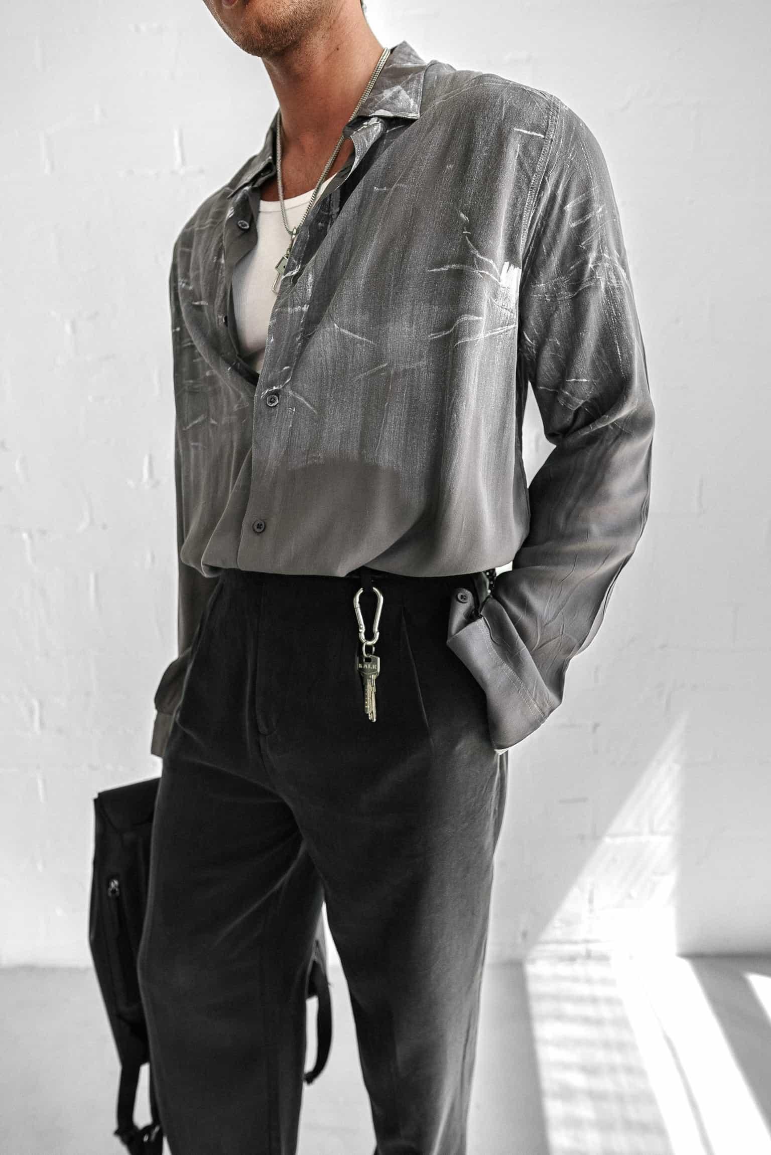 Erkek Uzun Kollu Desenli Oversize Gömlek Antrasit