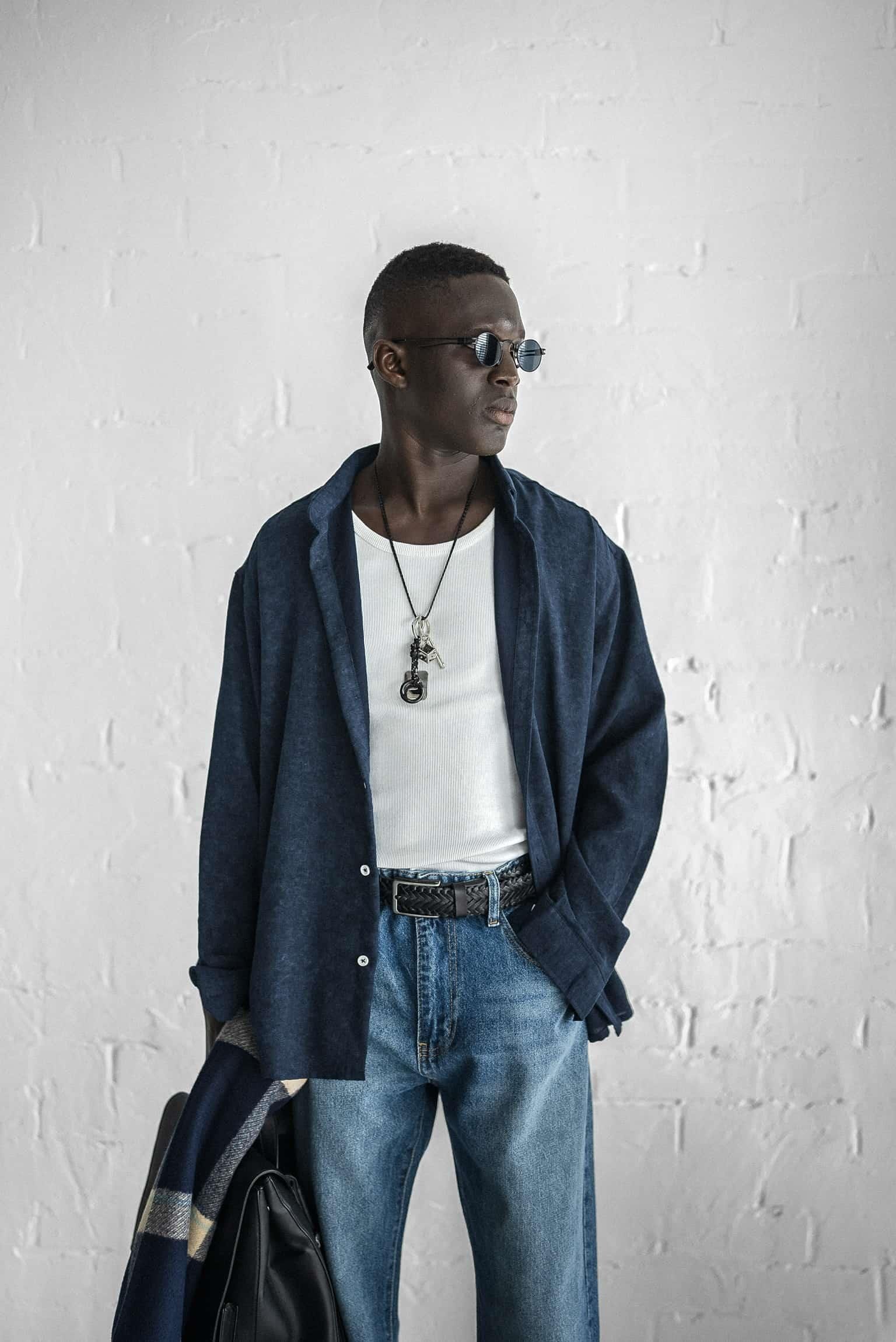 Erkek Uzun Kollu Desenli Oversize Gömlek Lacivert