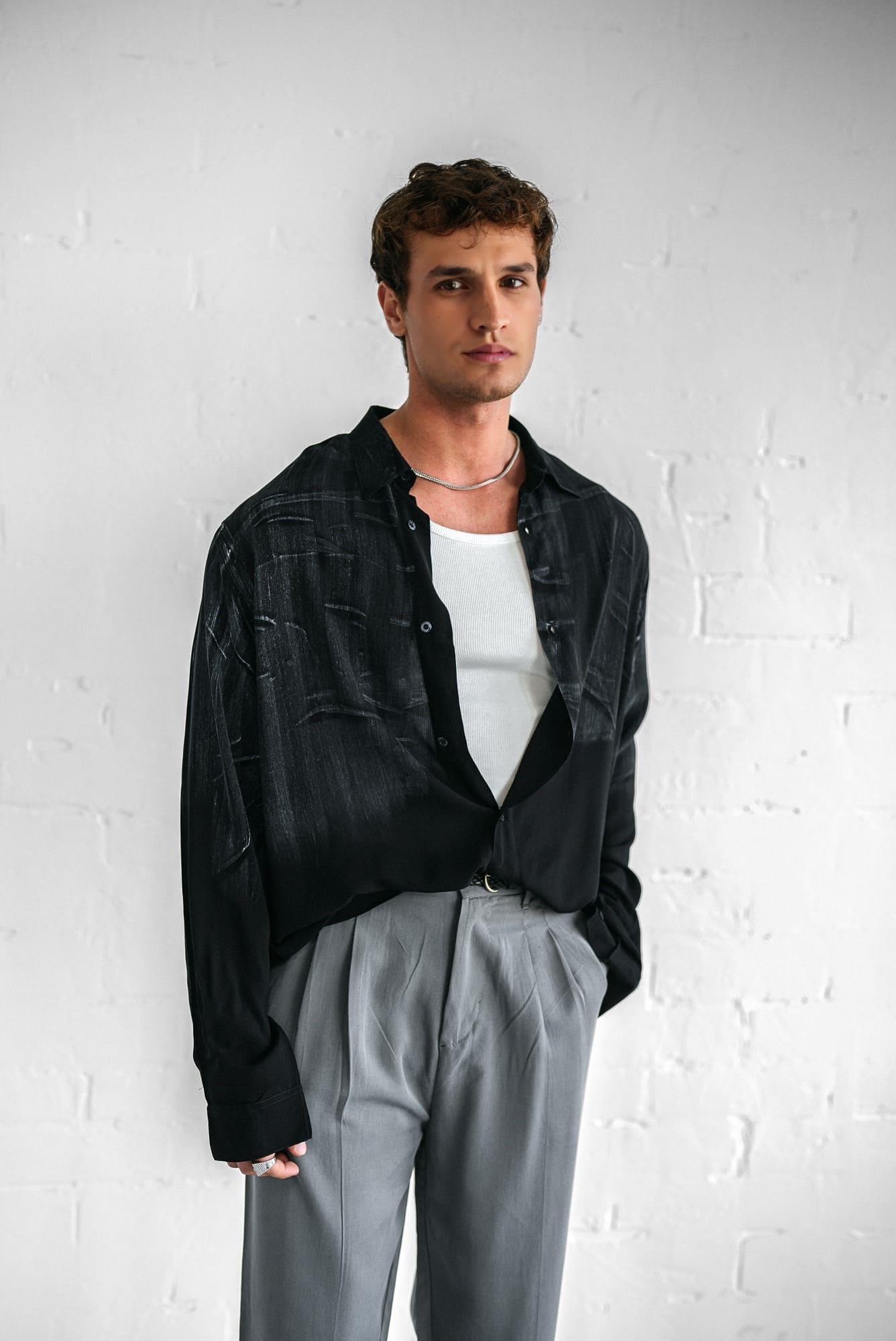 Erkek Uzun Kollu Desenli Oversize Gömlek Siyah