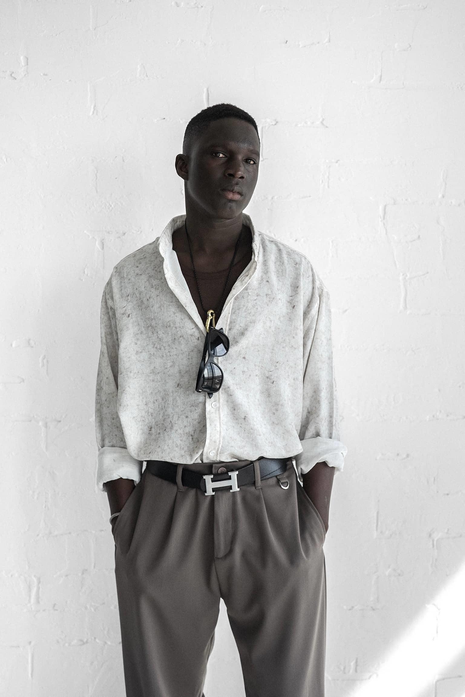 Erkek Uzun Kollu Desenli Oversize Gömlek Ekru