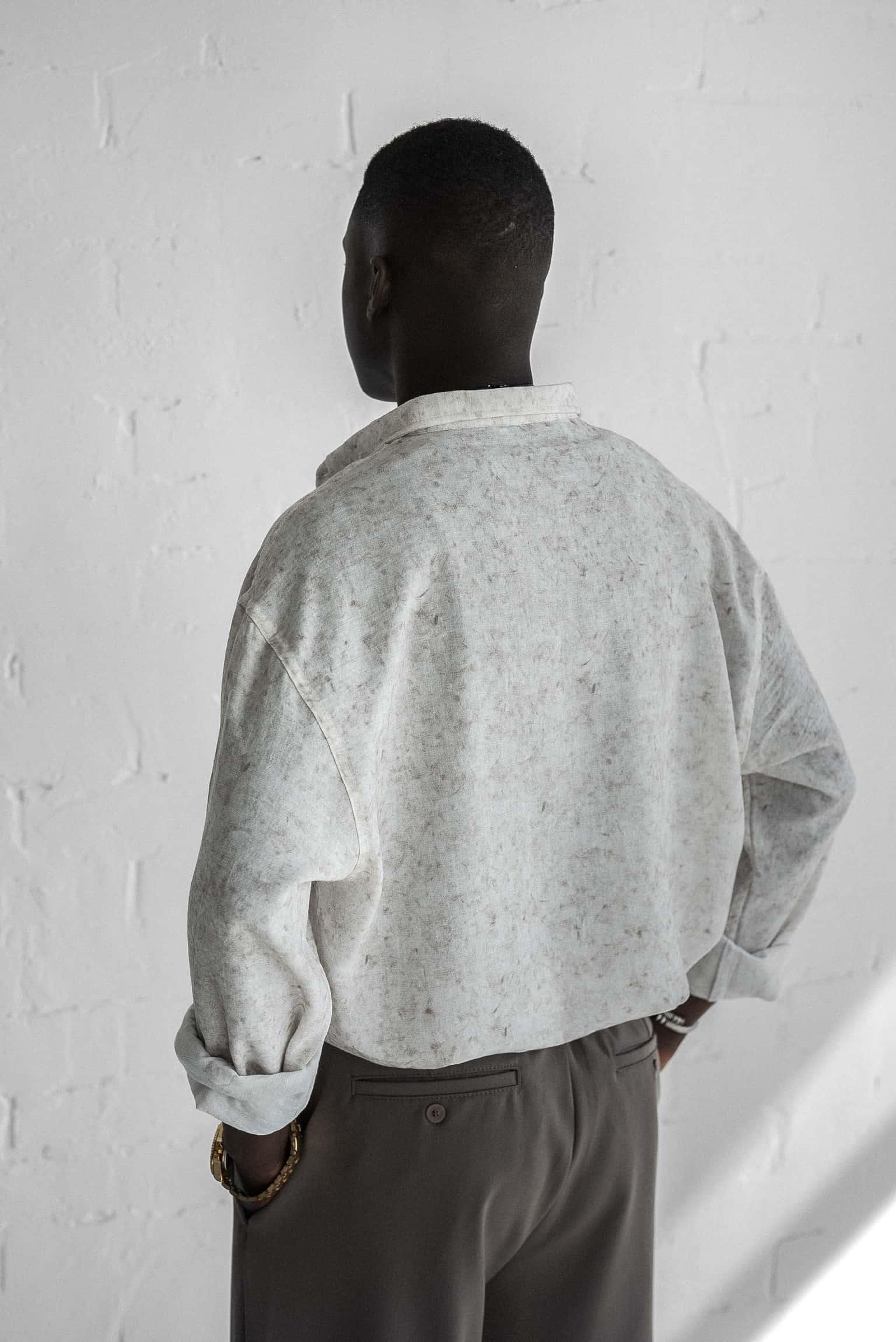 Erkek Uzun Kollu Desenli Oversize Gömlek Ekru