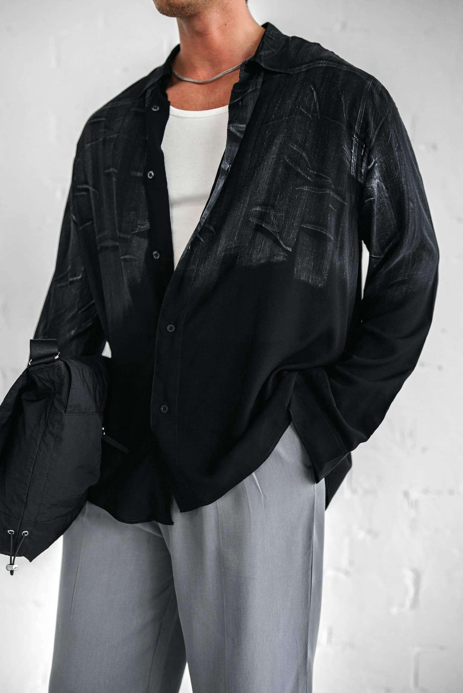 Erkek Uzun Kollu Desenli Oversize Gömlek Siyah