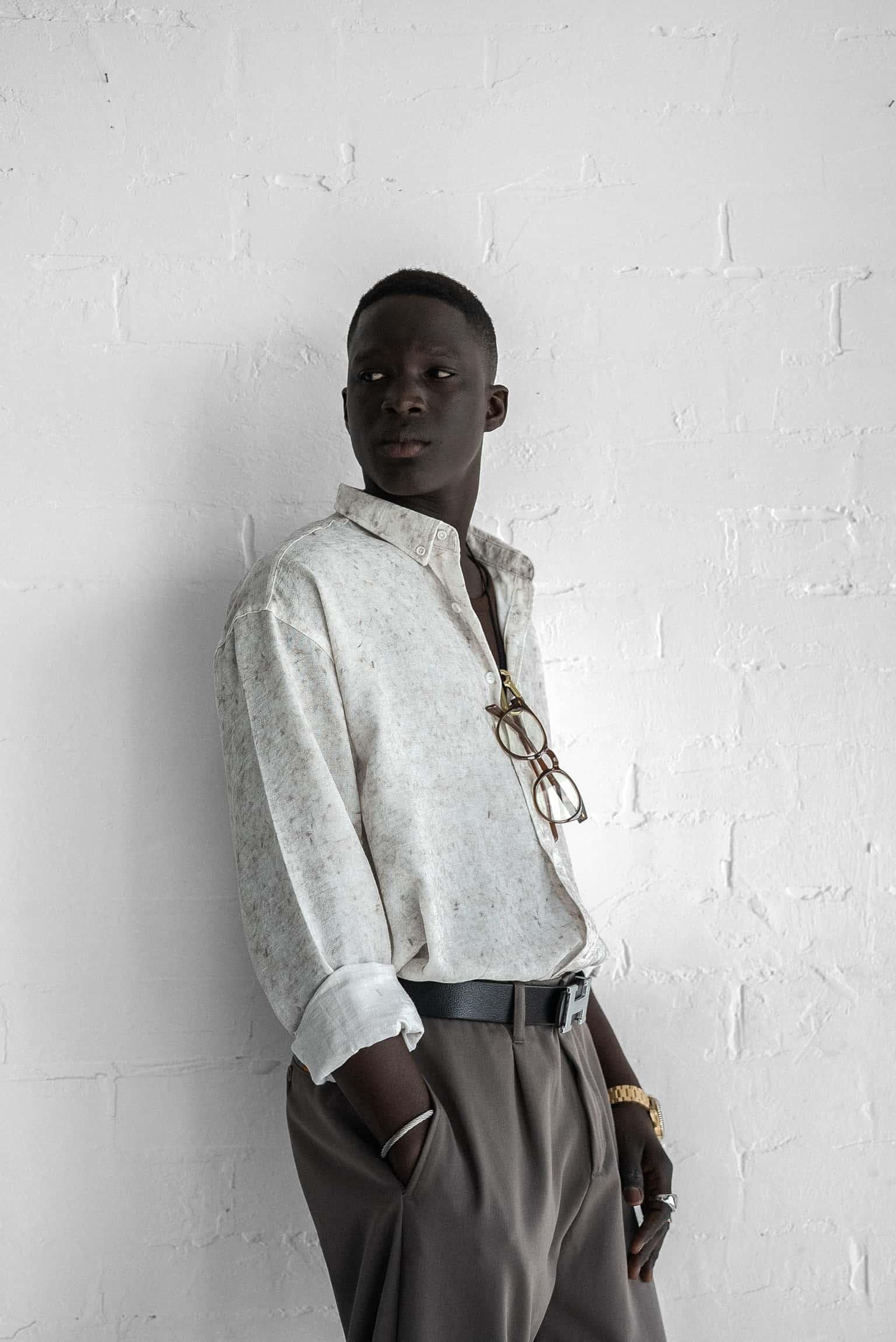 Erkek Uzun Kollu Desenli Oversize Gömlek Ekru