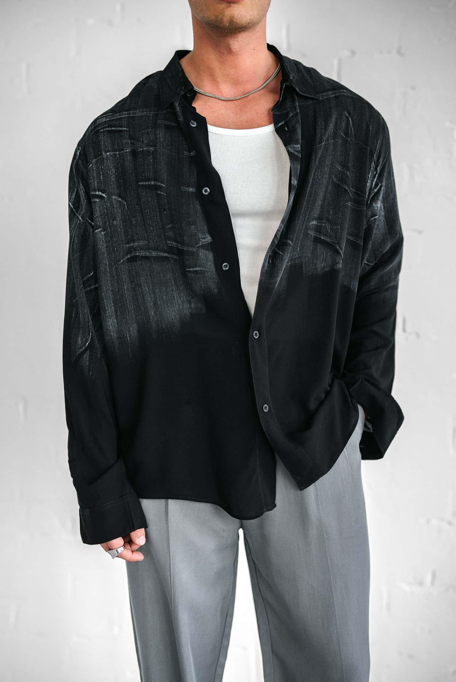 Erkek Uzun Kollu Desenli Oversize Gömlek Siyah