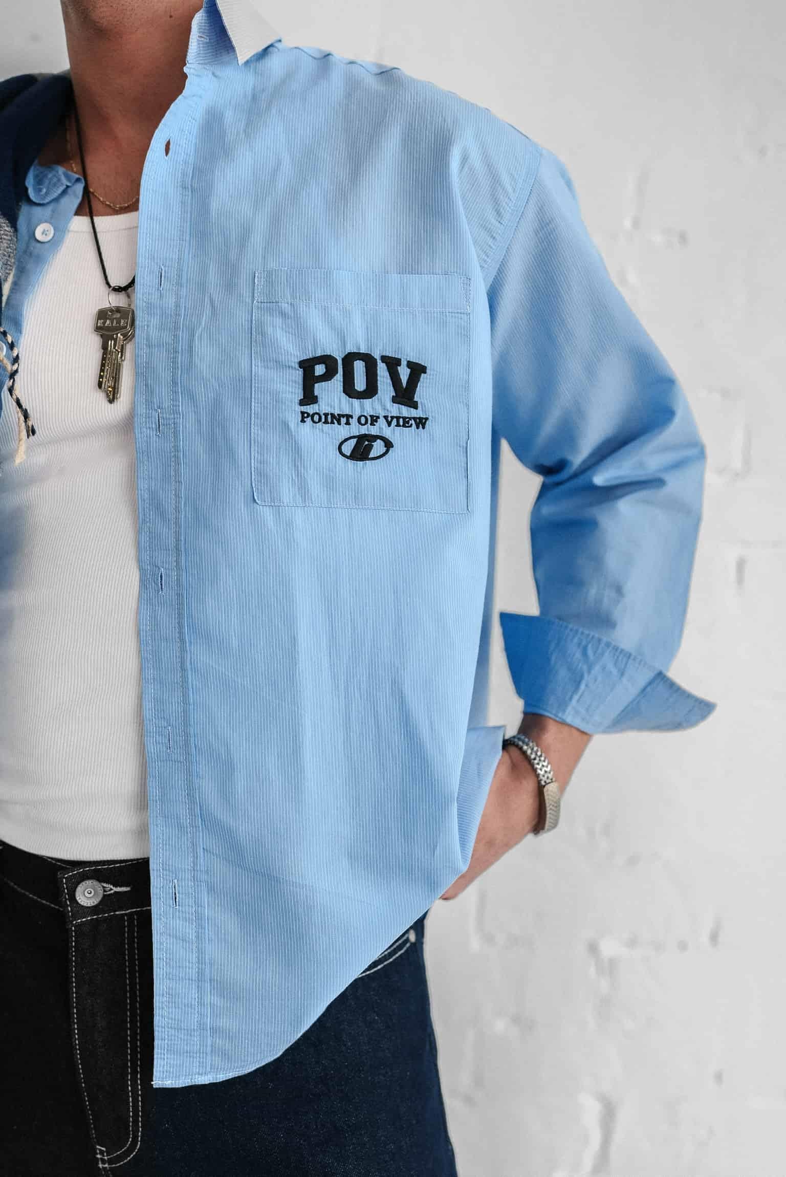 Erkek Uzun Kollu Nakiş İşlemeli Oversize Gömlek Mavi