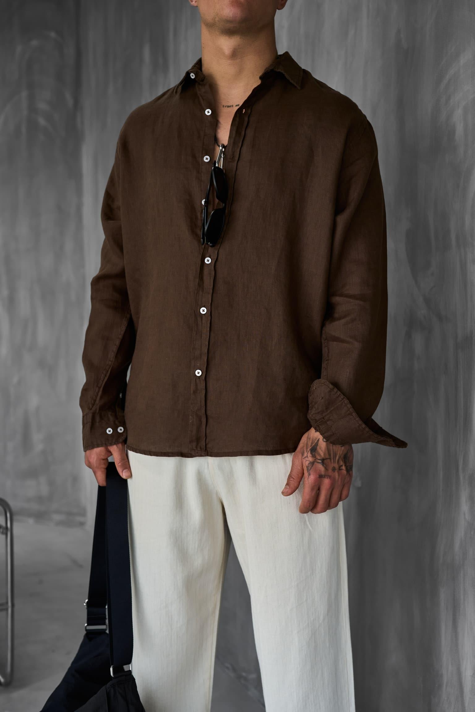 Erkek Uzun Kollu Regular Fit %100 Keten Gömlek Kahverengi