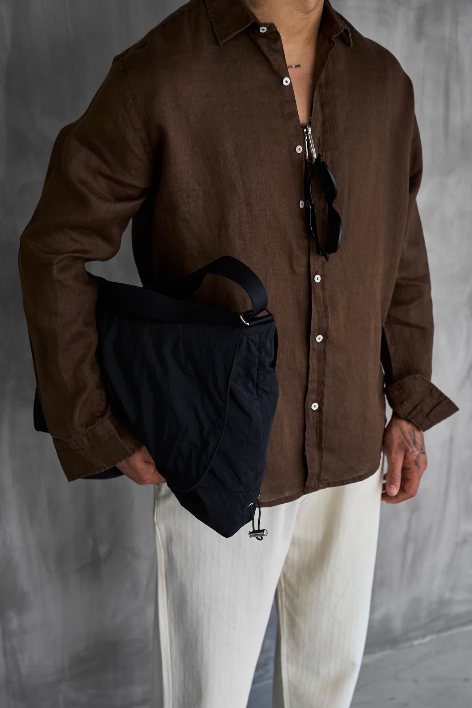 Erkek Uzun Kollu Regular Fit %100 Keten Gömlek Kahverengi