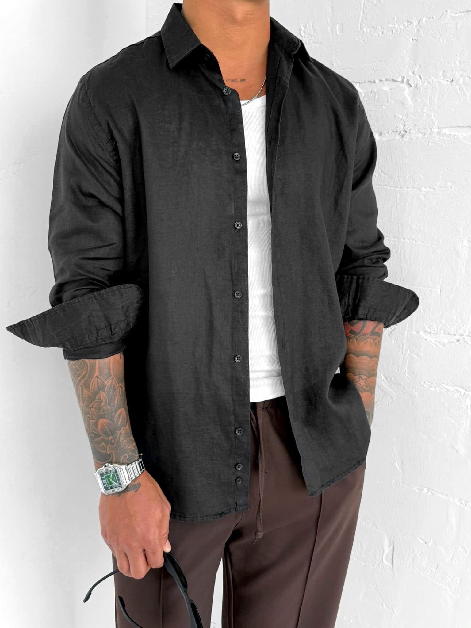 Erkek Uzun Kollu Regular Fit %100 Keten Gömlek Siyah