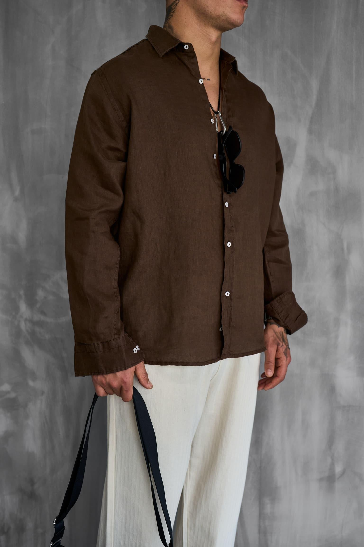 Erkek Uzun Kollu Regular Fit %100 Keten Gömlek Kahverengi