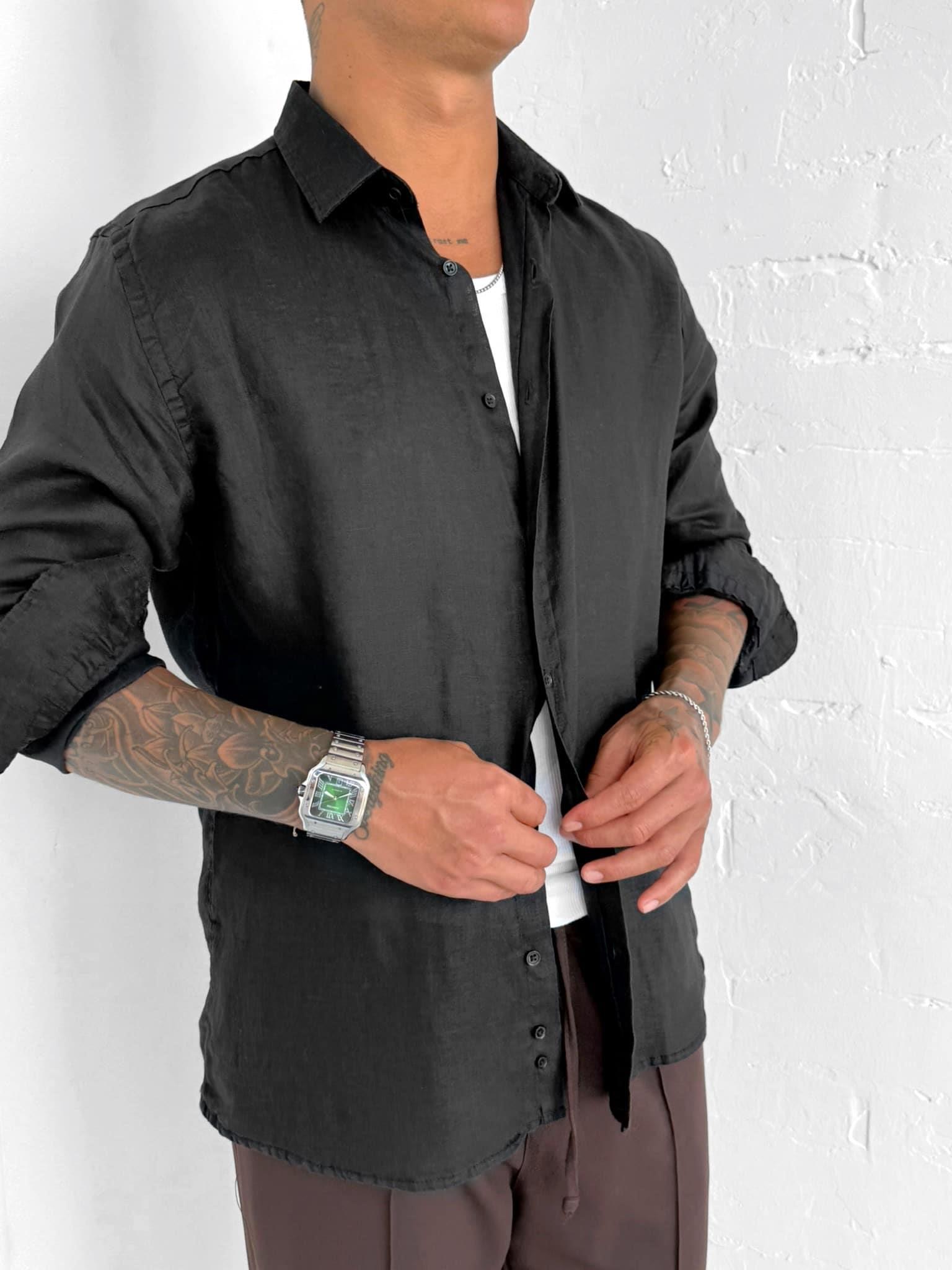 Erkek Uzun Kollu Regular Fit %100 Keten Gömlek Siyah