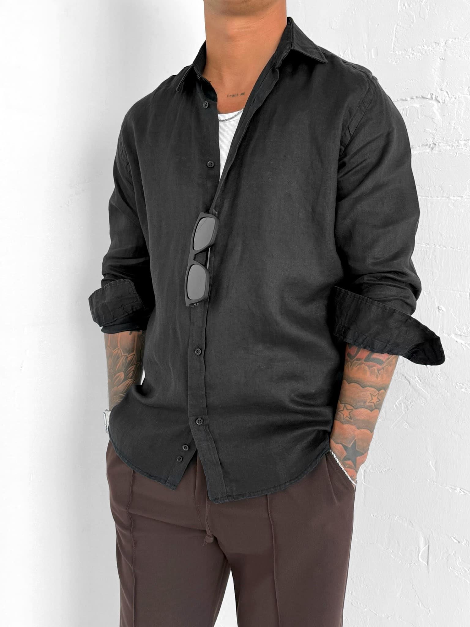 Erkek Uzun Kollu Regular Fit %100 Keten Gömlek Siyah
