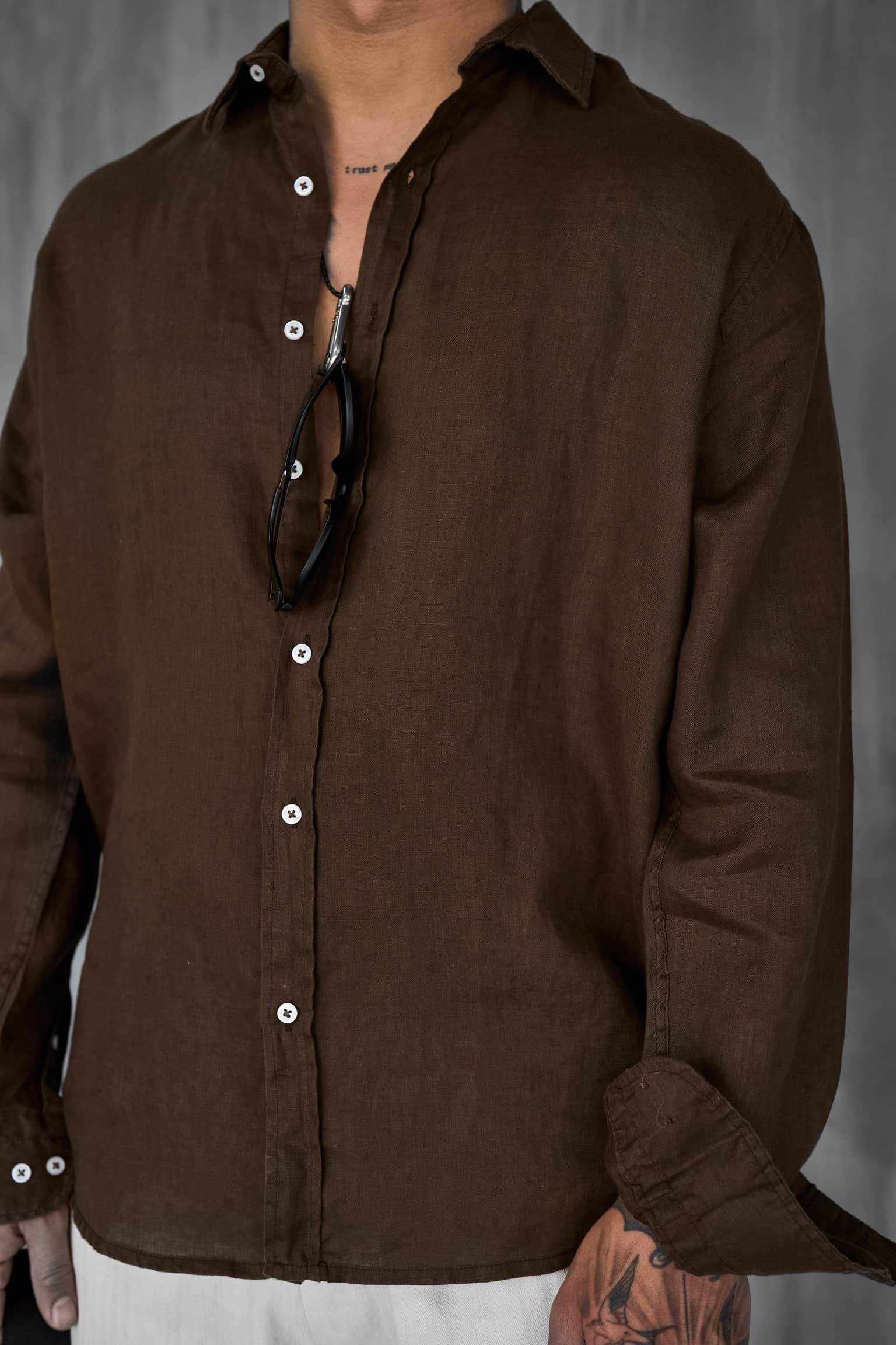 Erkek Uzun Kollu Regular Fit %100 Keten Gömlek Kahverengi
