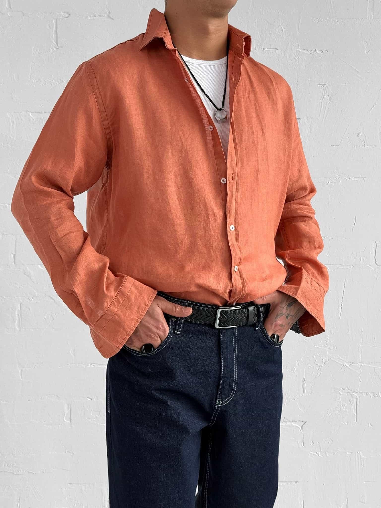 Erkek Uzun Kollu Regular Fit %100 Keten Gömlek Turuncu