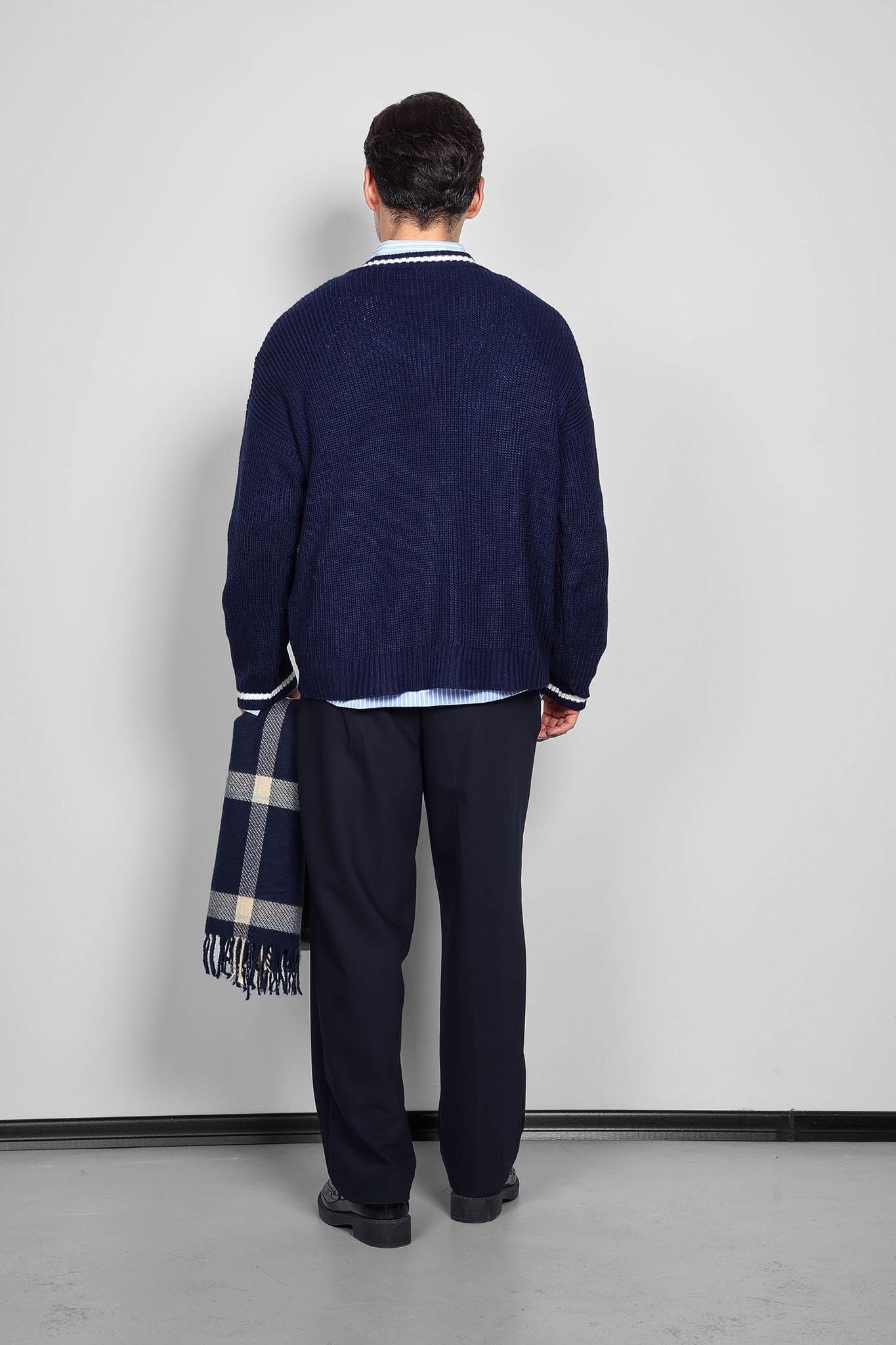 Erkek V Yaka Oversize Kontrast Detaylı Kazak Lacivert