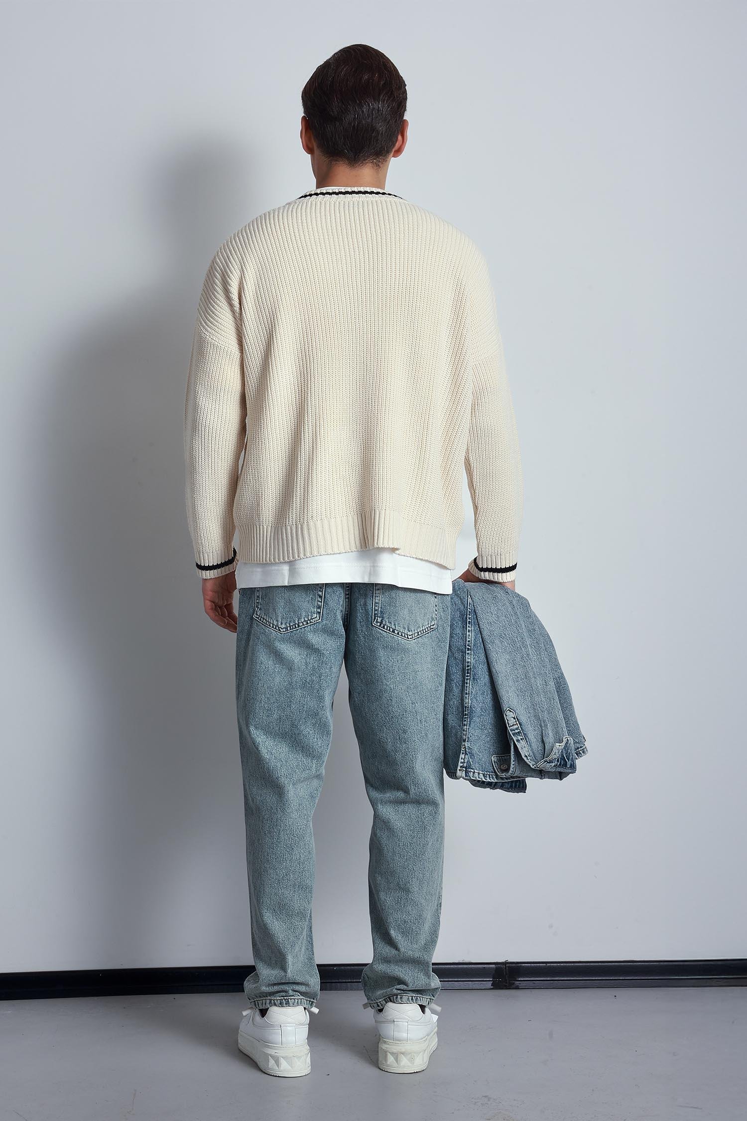 Erkek V Yaka Oversize Kontrast Detaylı Kazak Bej