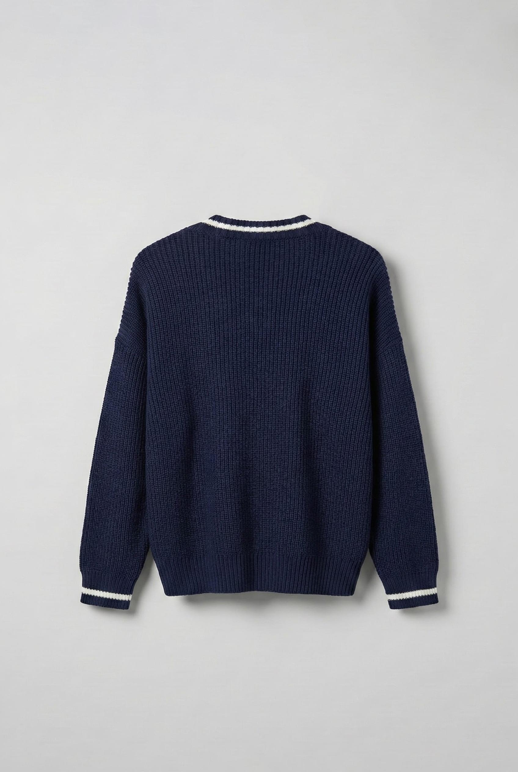 Erkek V Yaka Oversize Kontrast Detaylı Kazak Lacivert