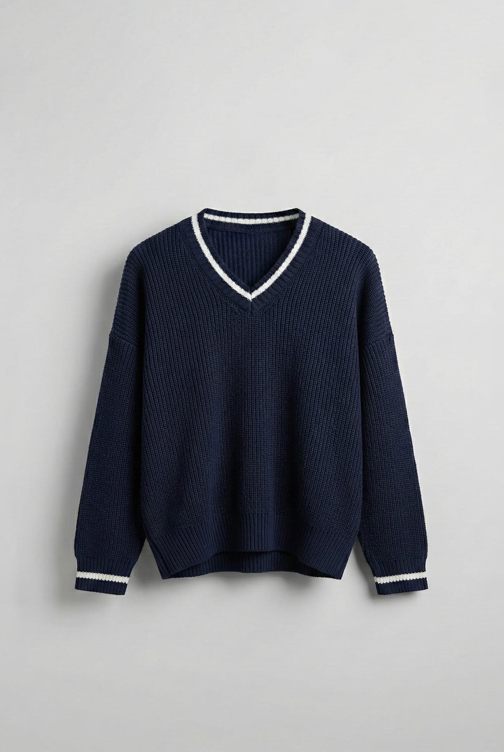 Erkek V Yaka Oversize Kontrast Detaylı Kazak Lacivert