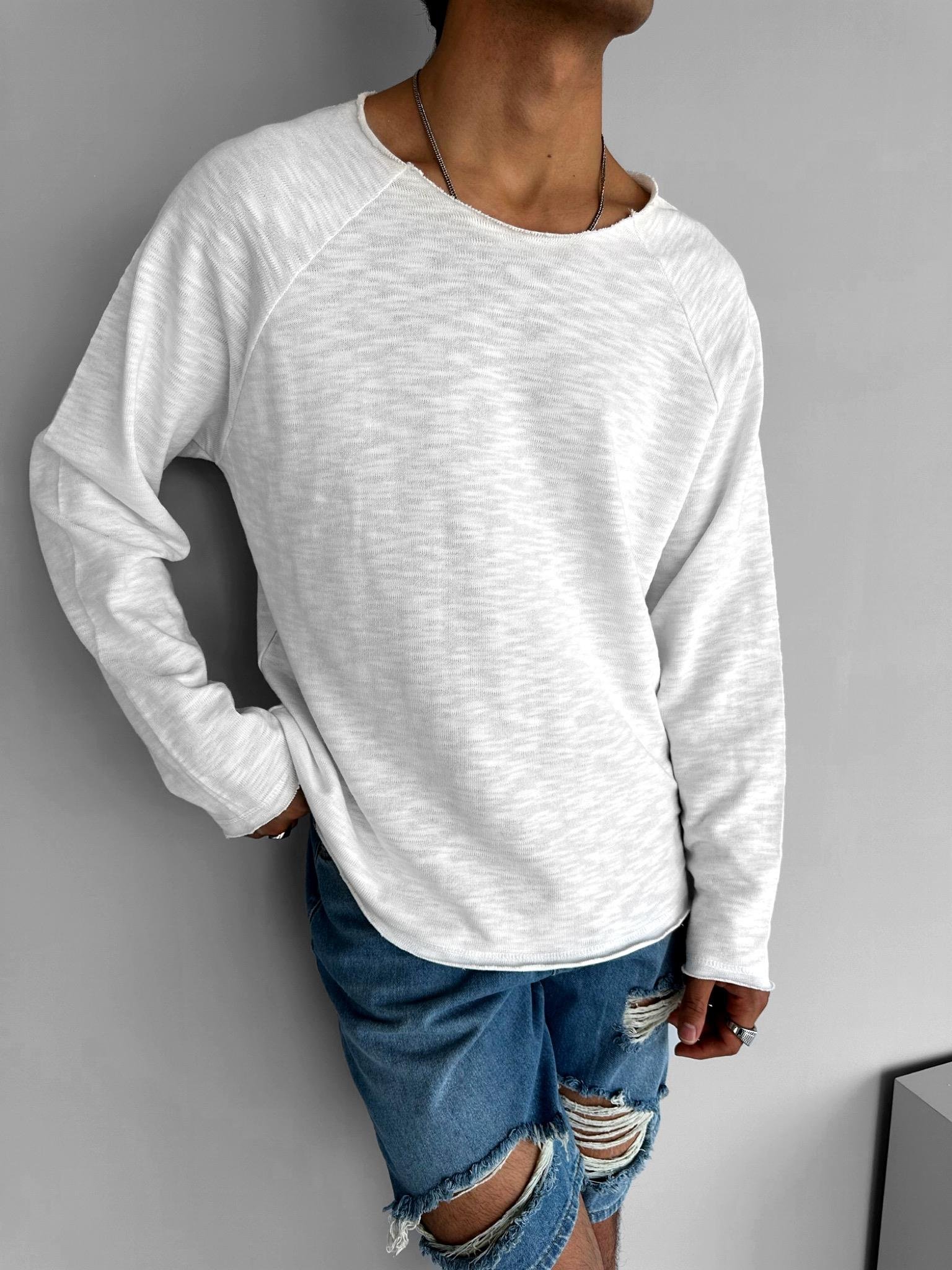 Erkek Yakasız Uzun Kollu Basic Sweatshirt Beyaz