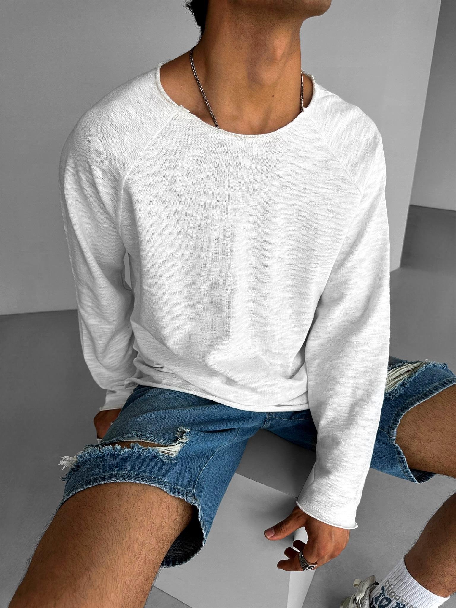 Erkek Yakasız Uzun Kollu Basic Sweatshirt Beyaz