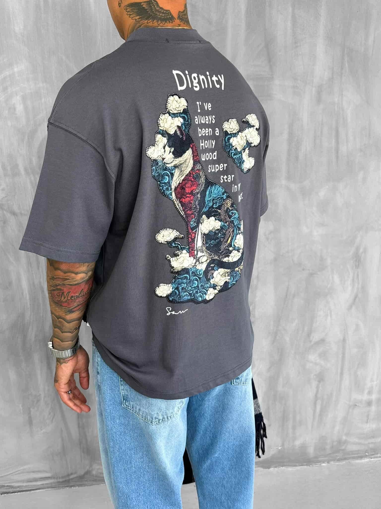 Erkek Yamalı Oversize T-Shirt Füme