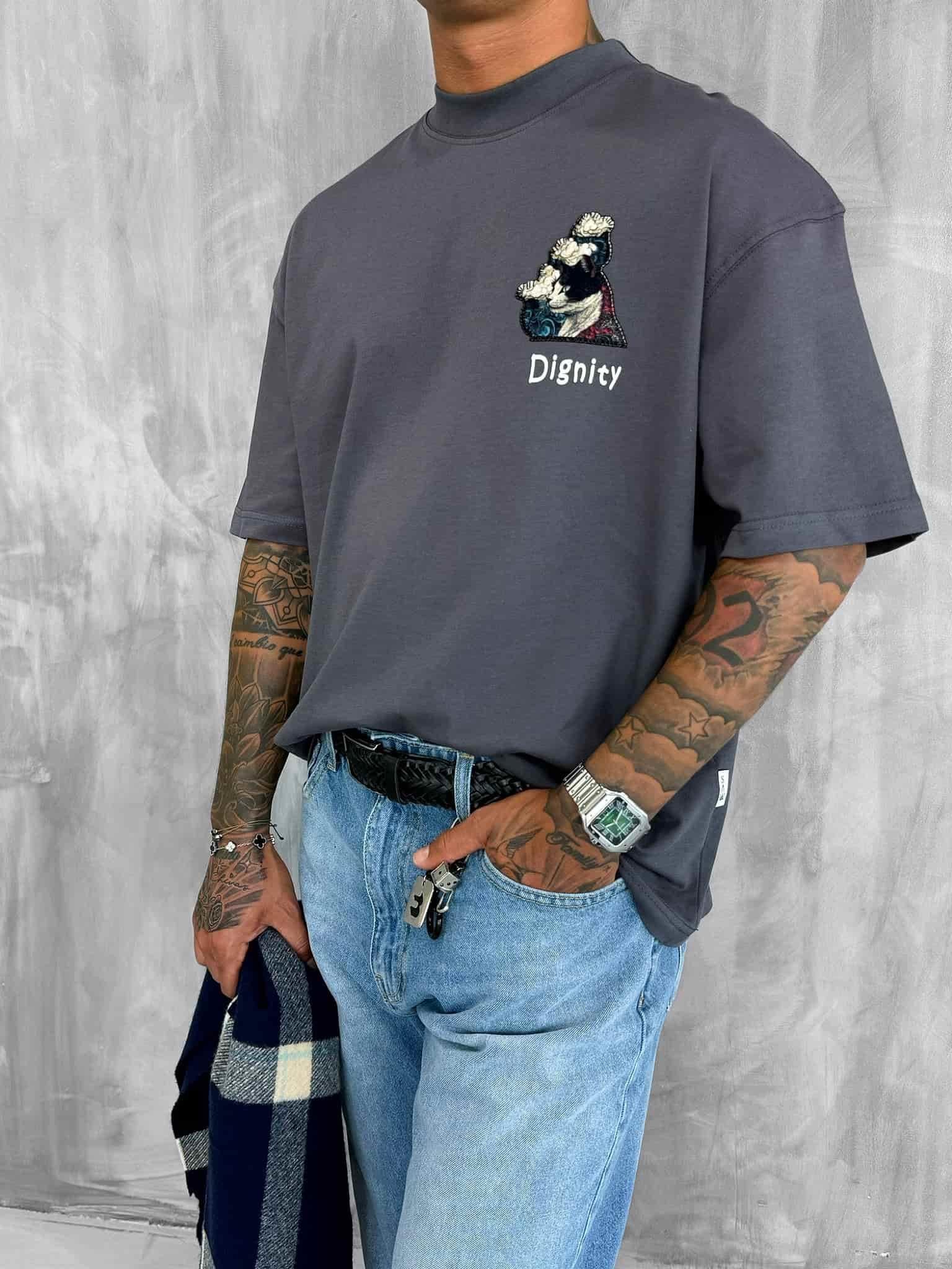 Erkek Yamalı Oversize T-Shirt Füme