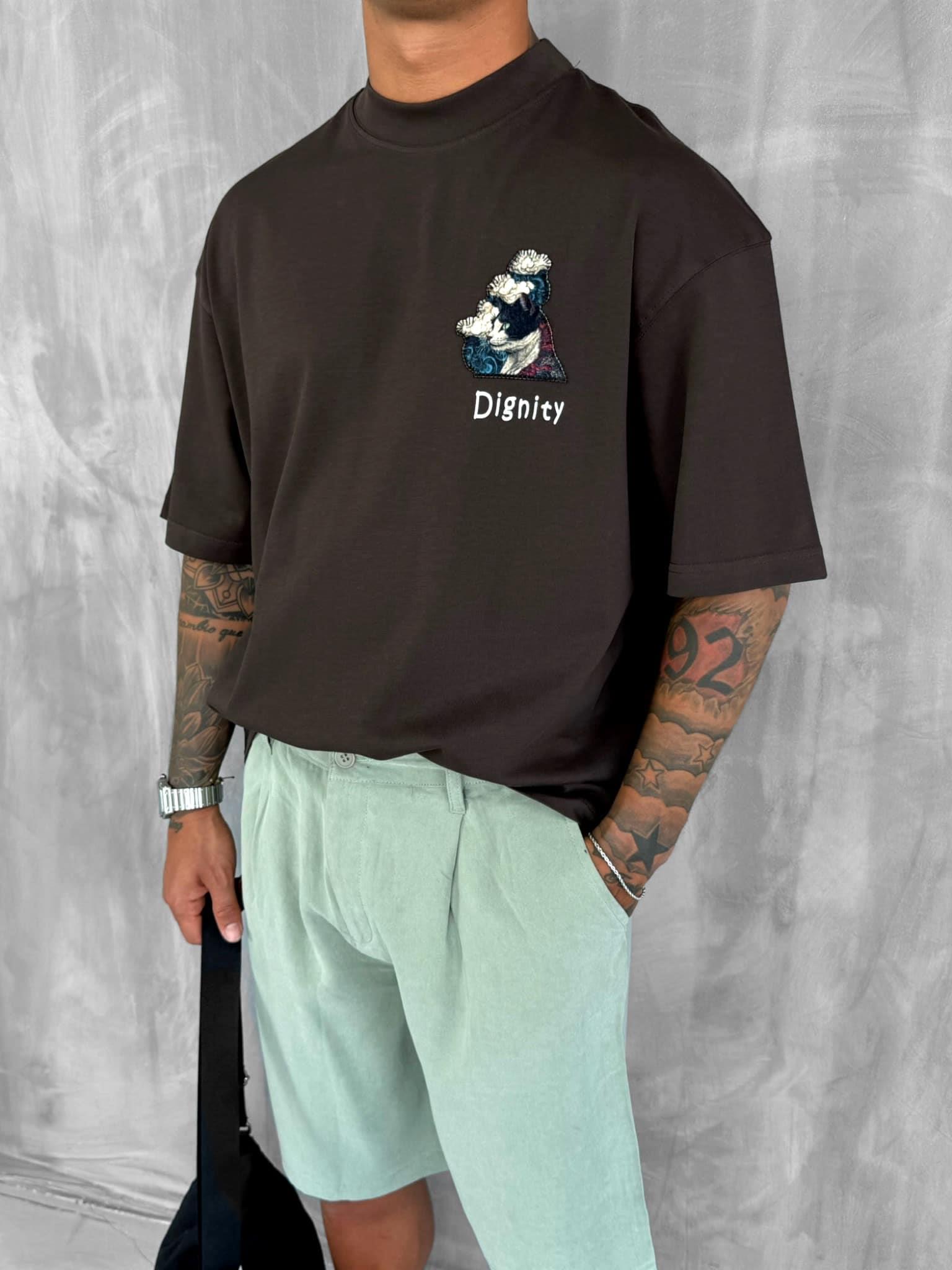 Erkek Yamalı Oversize T-Shirt Kahve