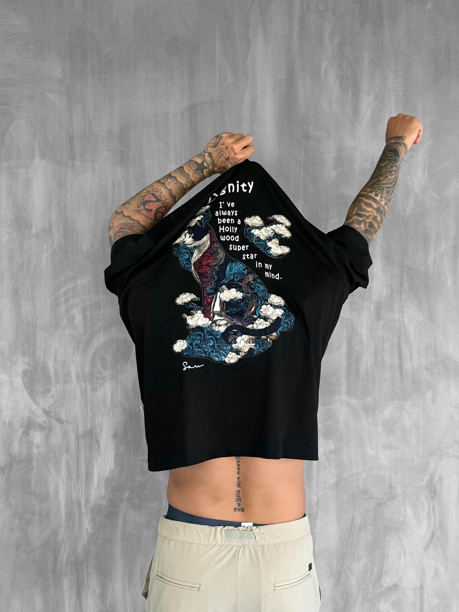 Erkek Yamalı Oversize T-Shirt Siyah