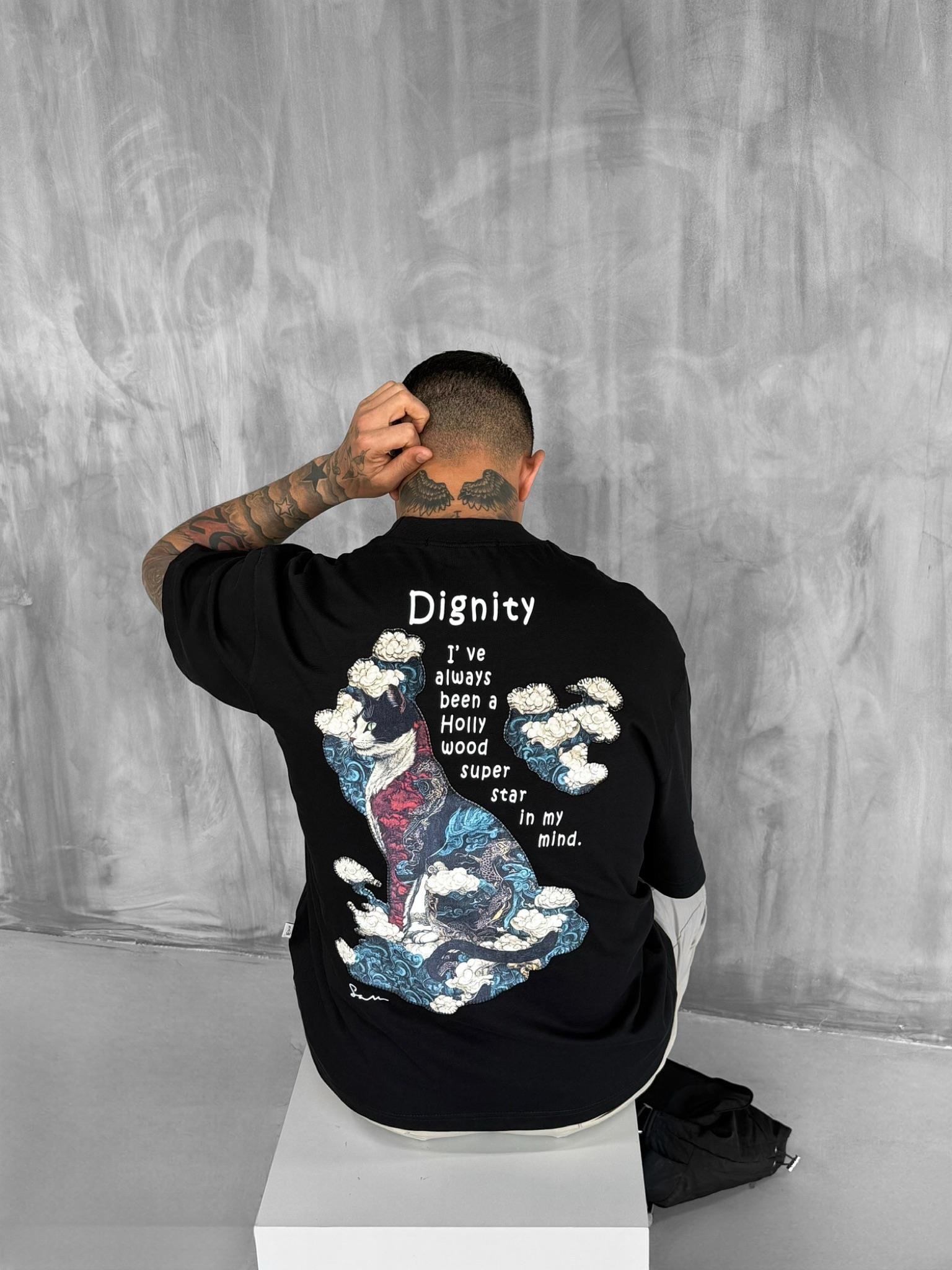 Erkek Yamalı Oversize T-Shirt Siyah