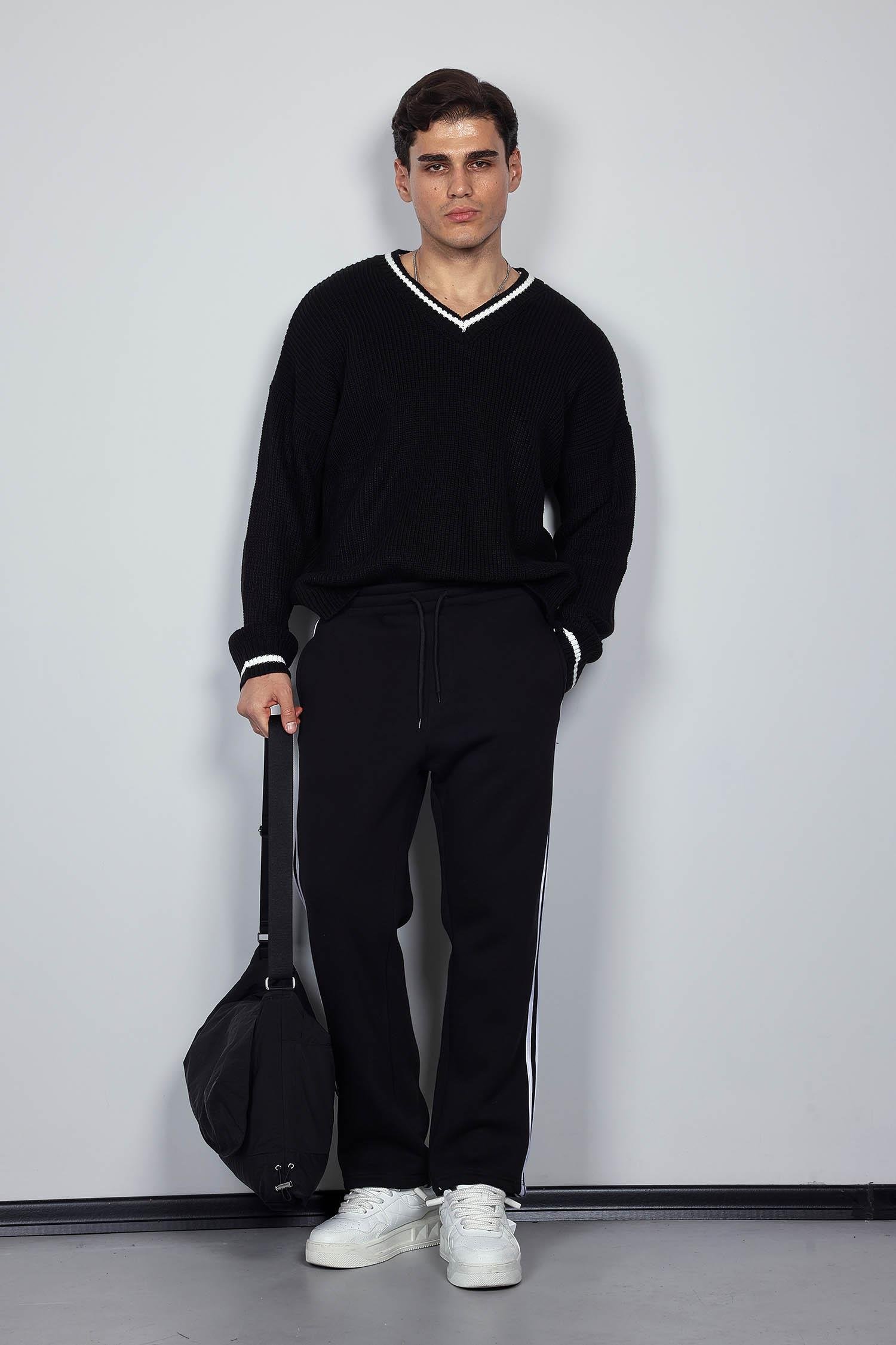 Erkek Yan Şeritli Baggy Fit Eşofman Siyah