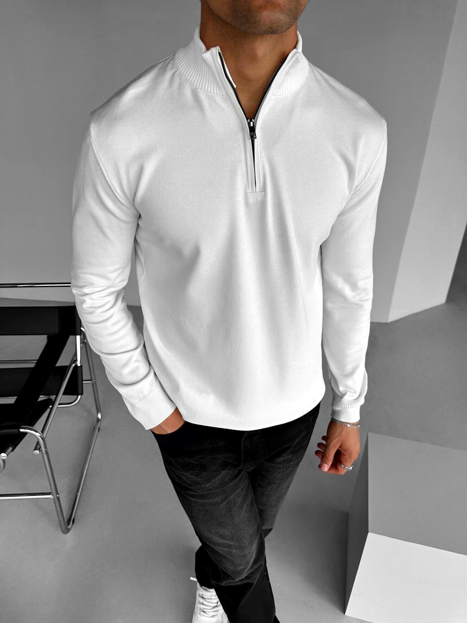 Erkek Yarım Fermuarlı Polo Yaka Kazak Ekru